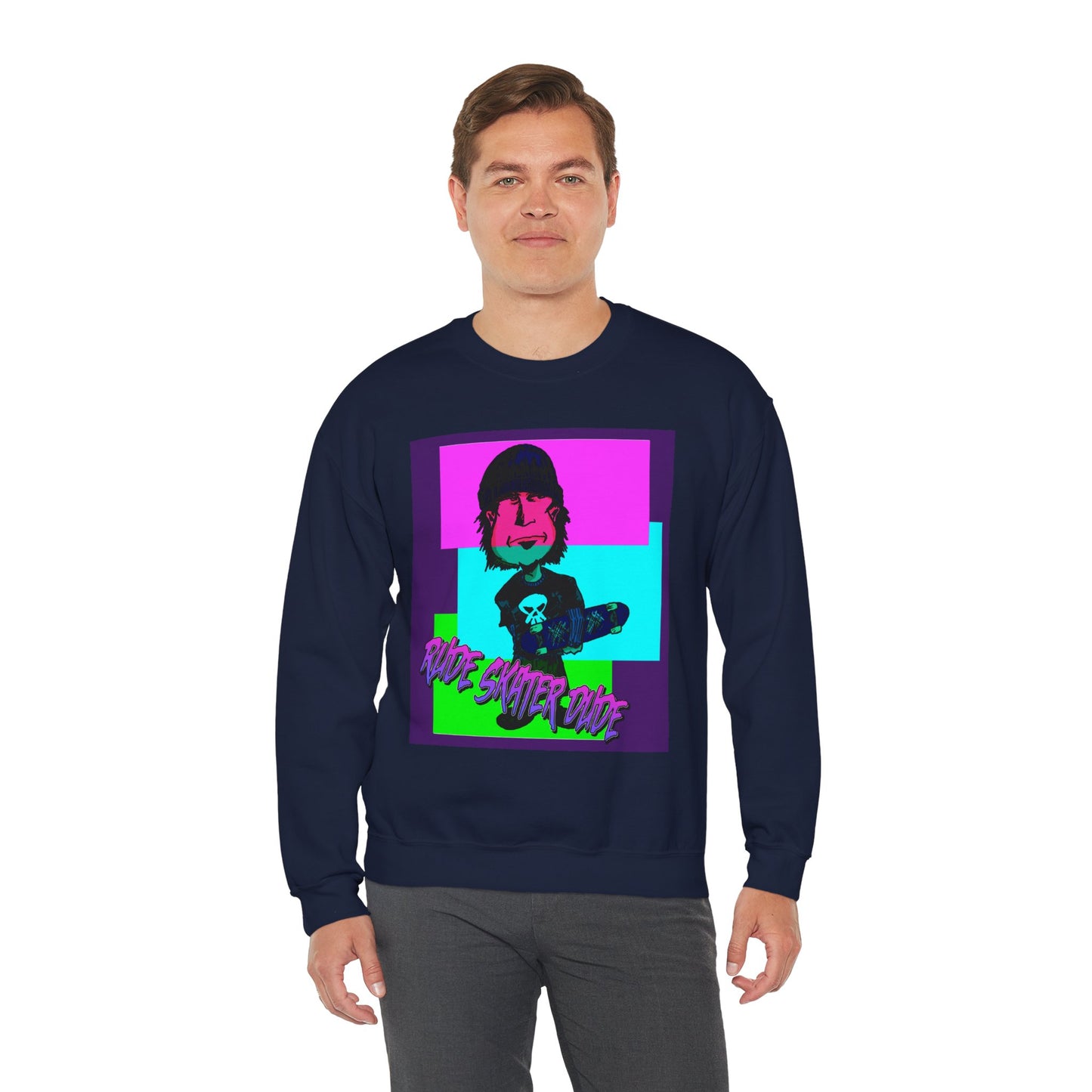 Crewneck Sweatshirt — Retro Neon Skate Punk "Rude Skater Dude" Graphic