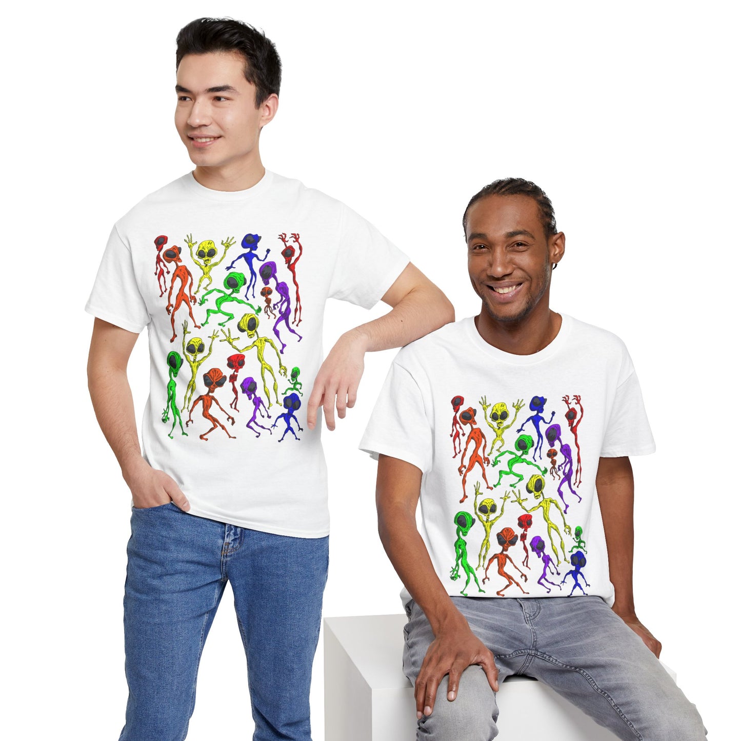 Rainbow Alien Dance Party Unisex Tee - Cosmic Sci-Fi Shirt