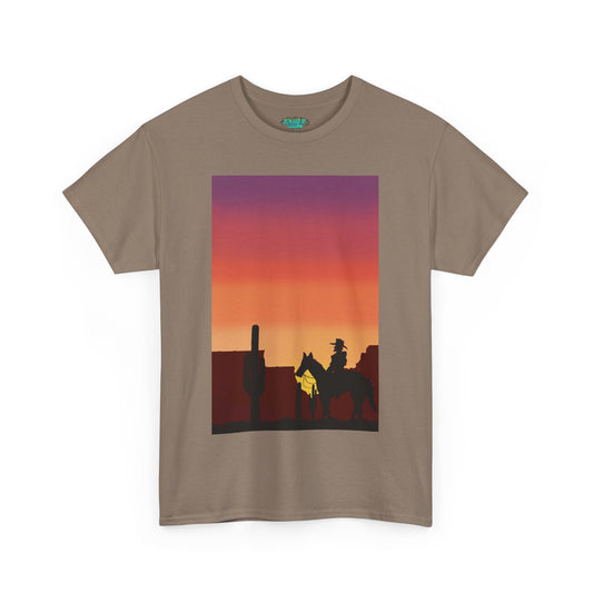 Sunset Cowboy Unisex Heavy Cotton Tee - Western Graphic Tee for Nature Lovers