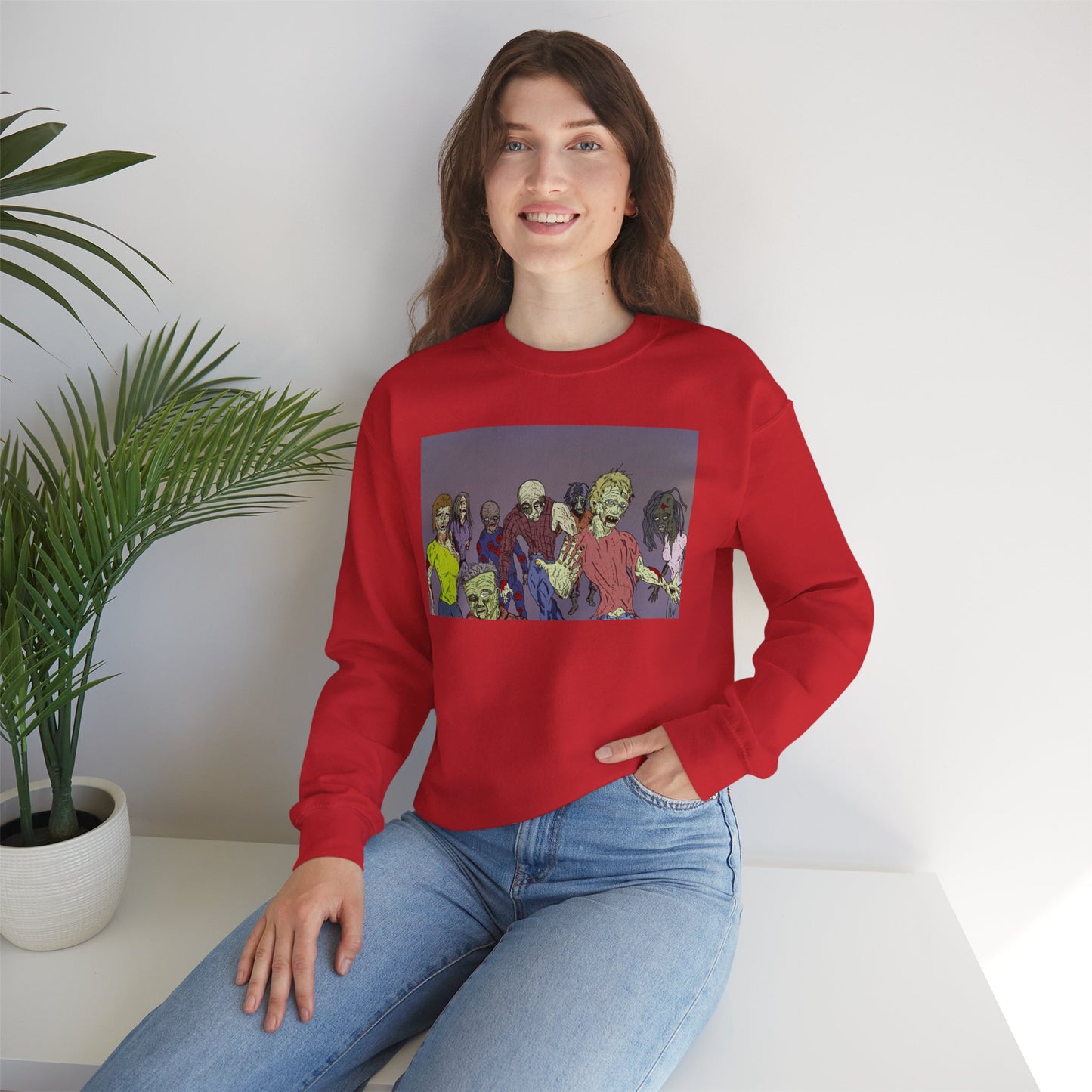 Zombie-Themed Unisex Crewneck Sweatshirt - Perfect for Halloween and Horror Lovers