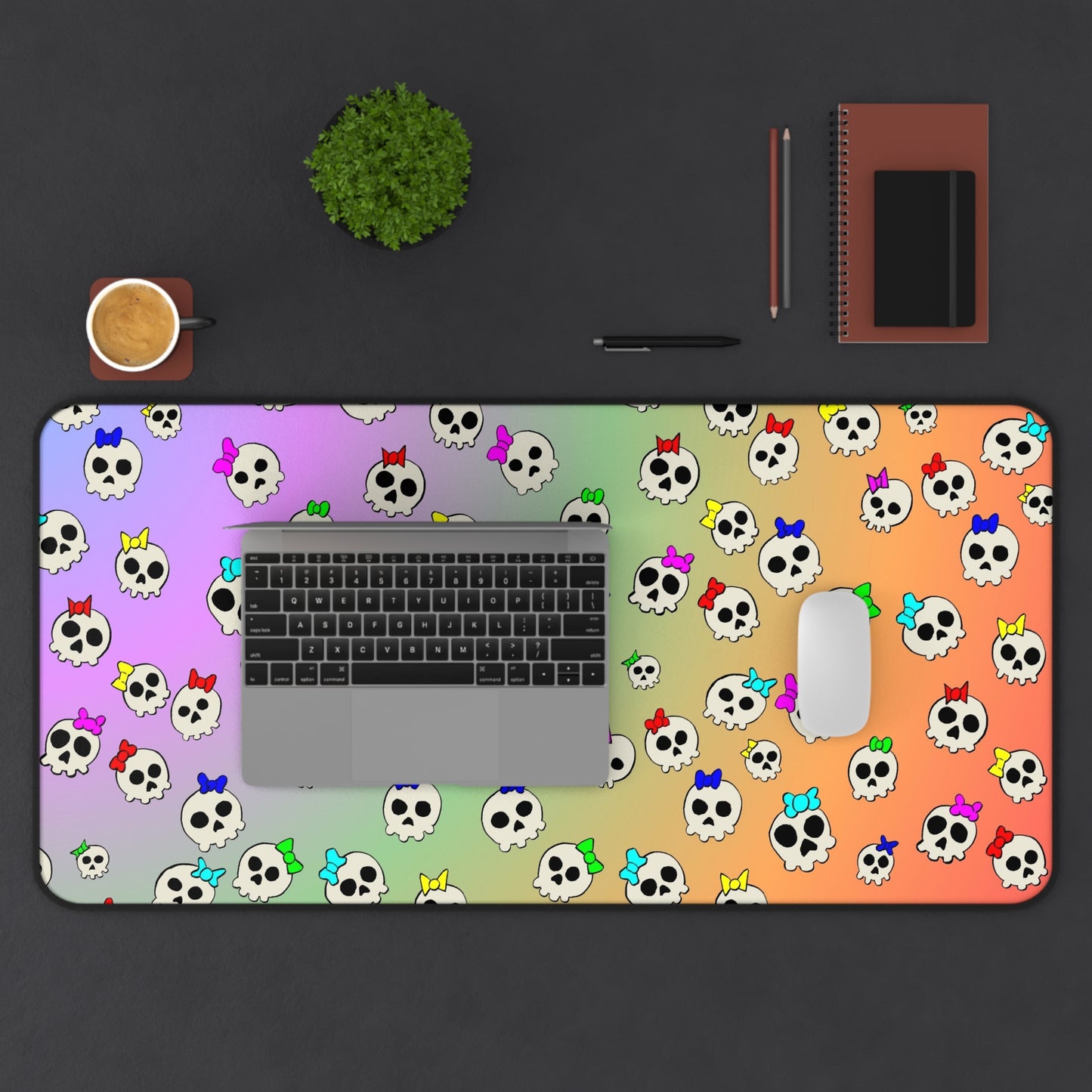 Delightfully Cute Skulls Pattern Rainbow Desk Mat — Cute Kawaii Gothic Mouse Pad