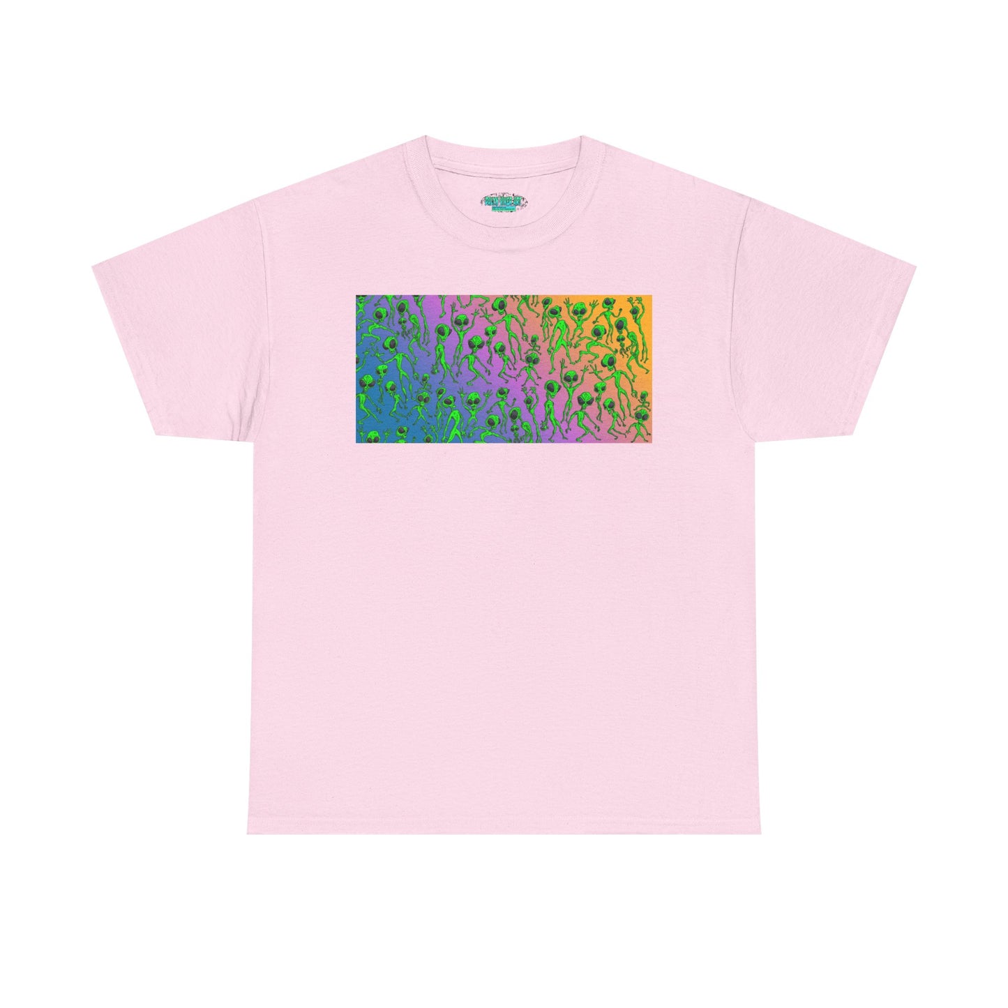 Alien Dance Party Gradient Tee — Colorful Psychedelic Green Aliens Art T-Shirt