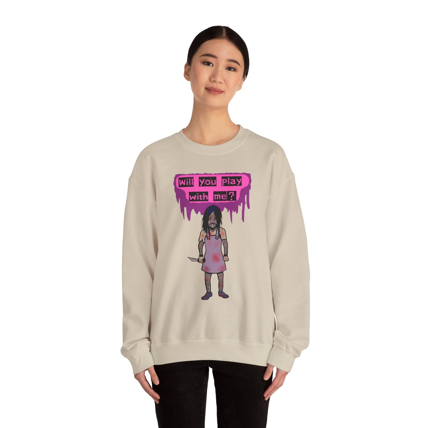 Evil Doll GHOSTLY VINTAGE UNISEX CREWNECK SWEATSHIRT - "Will You Play With Me?"