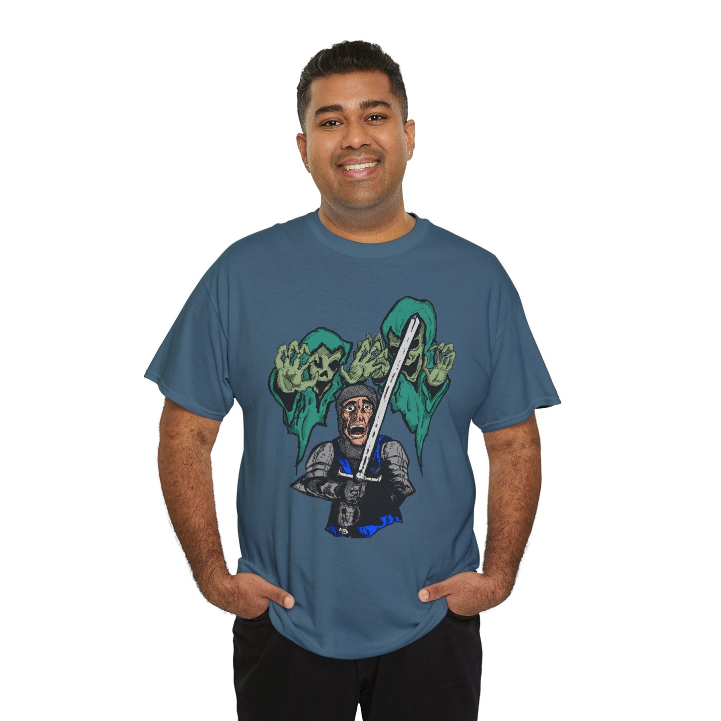 Unisex Heavy Cotton Tee - Knight with Sword Graphic - Casual Streetwear