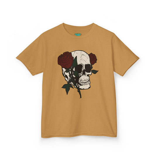 Kids Heavy Cotton Tee - Skull and Roses Graphic Tee for Trendy Kids