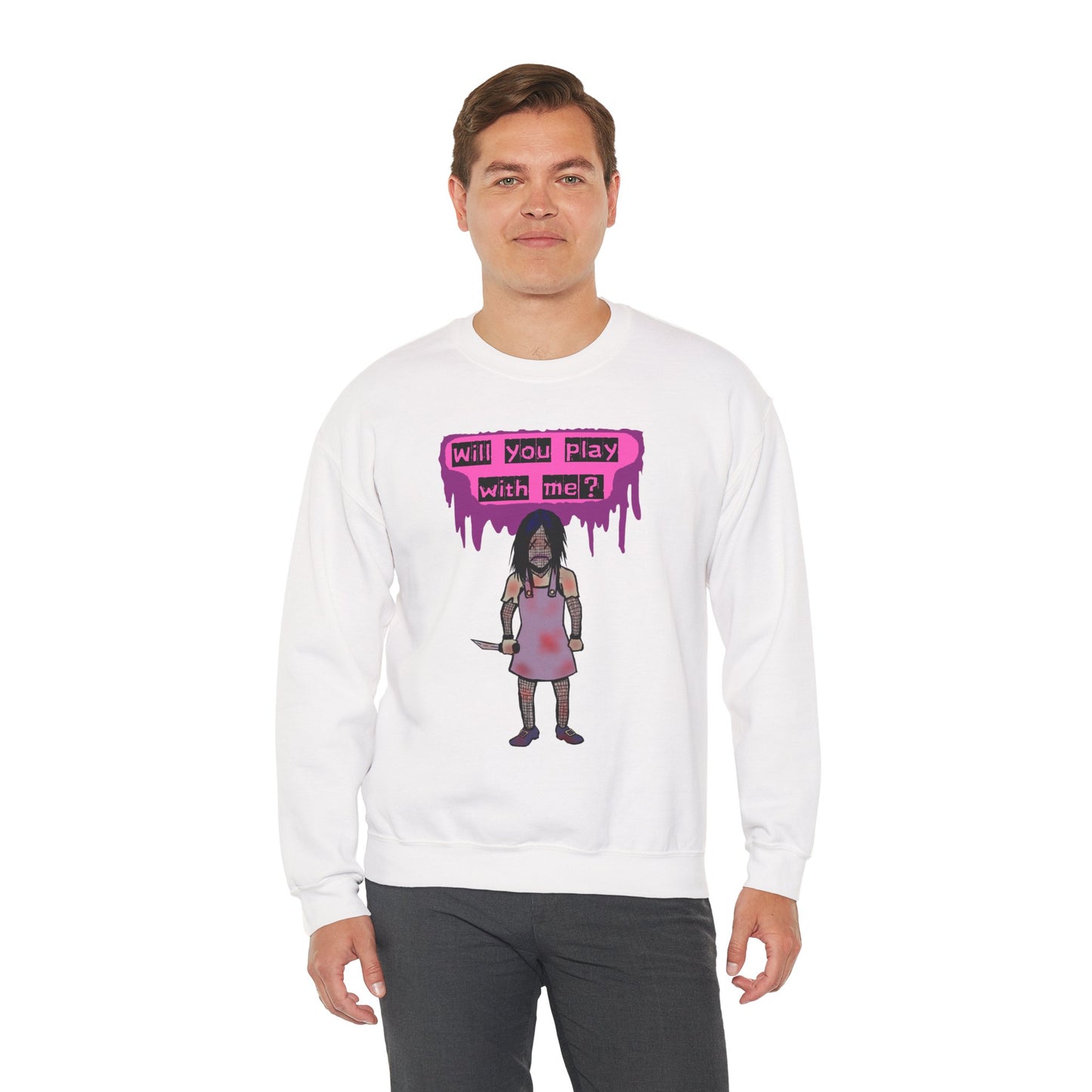 Evil Doll GHOSTLY VINTAGE UNISEX CREWNECK SWEATSHIRT - "Will You Play With Me?"