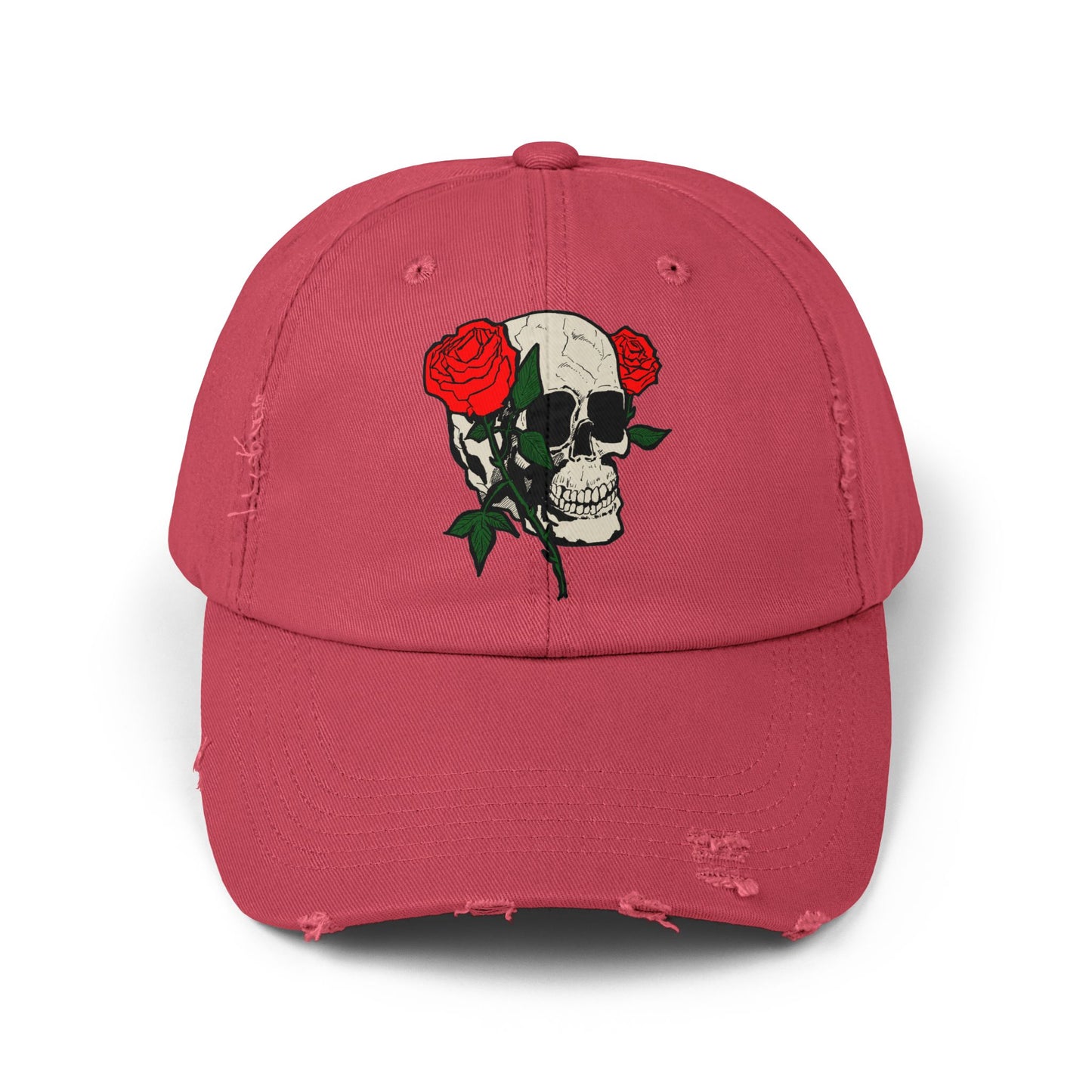Skull and Roses Distressed Unisex Cap – Edgy Fashion Accessory for Music Lovers