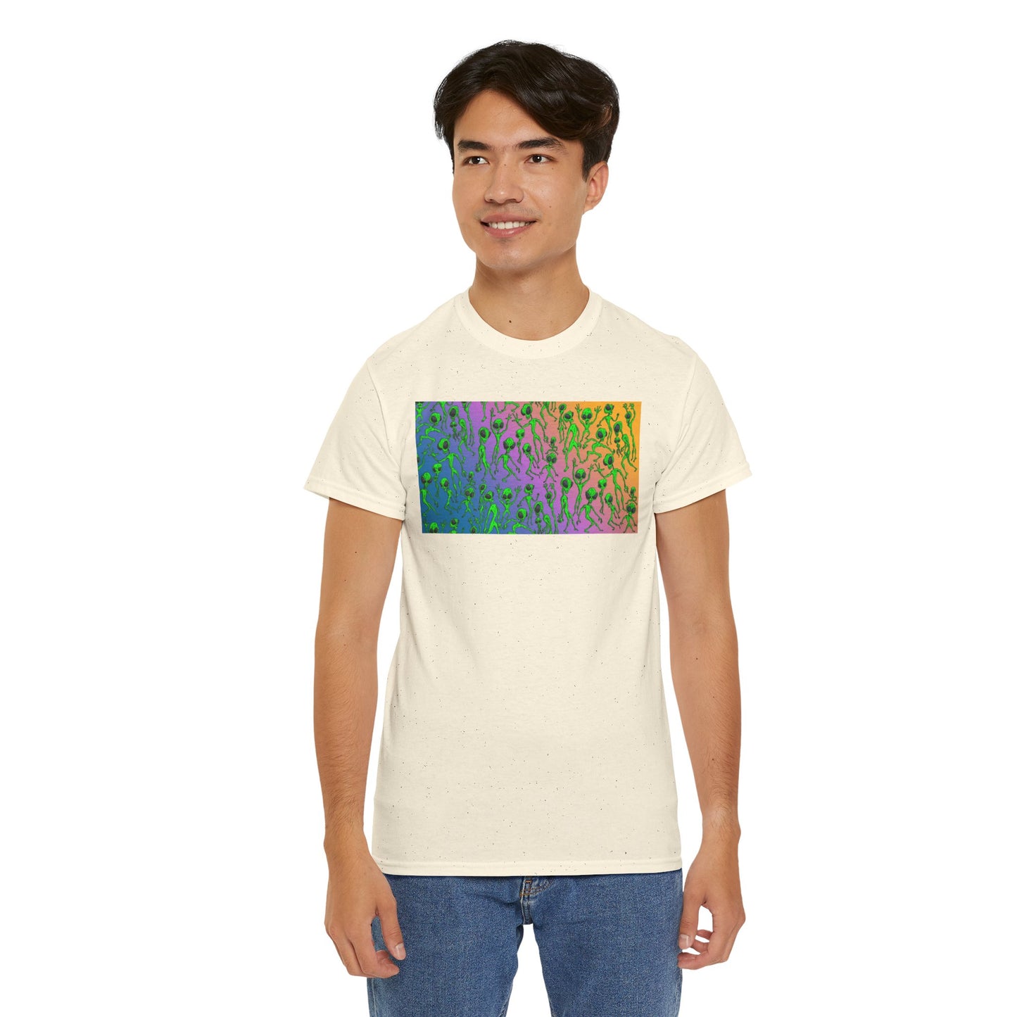 Alien Dance Party Gradient Tee — Colorful Psychedelic Green Aliens Art T-Shirt