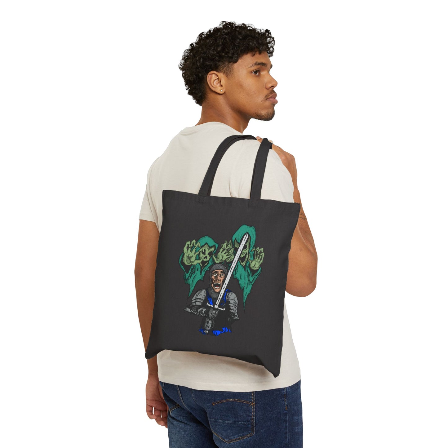Knight Fright Graphic Canvas Tote — Warrior with Sword & Wraiths Design
