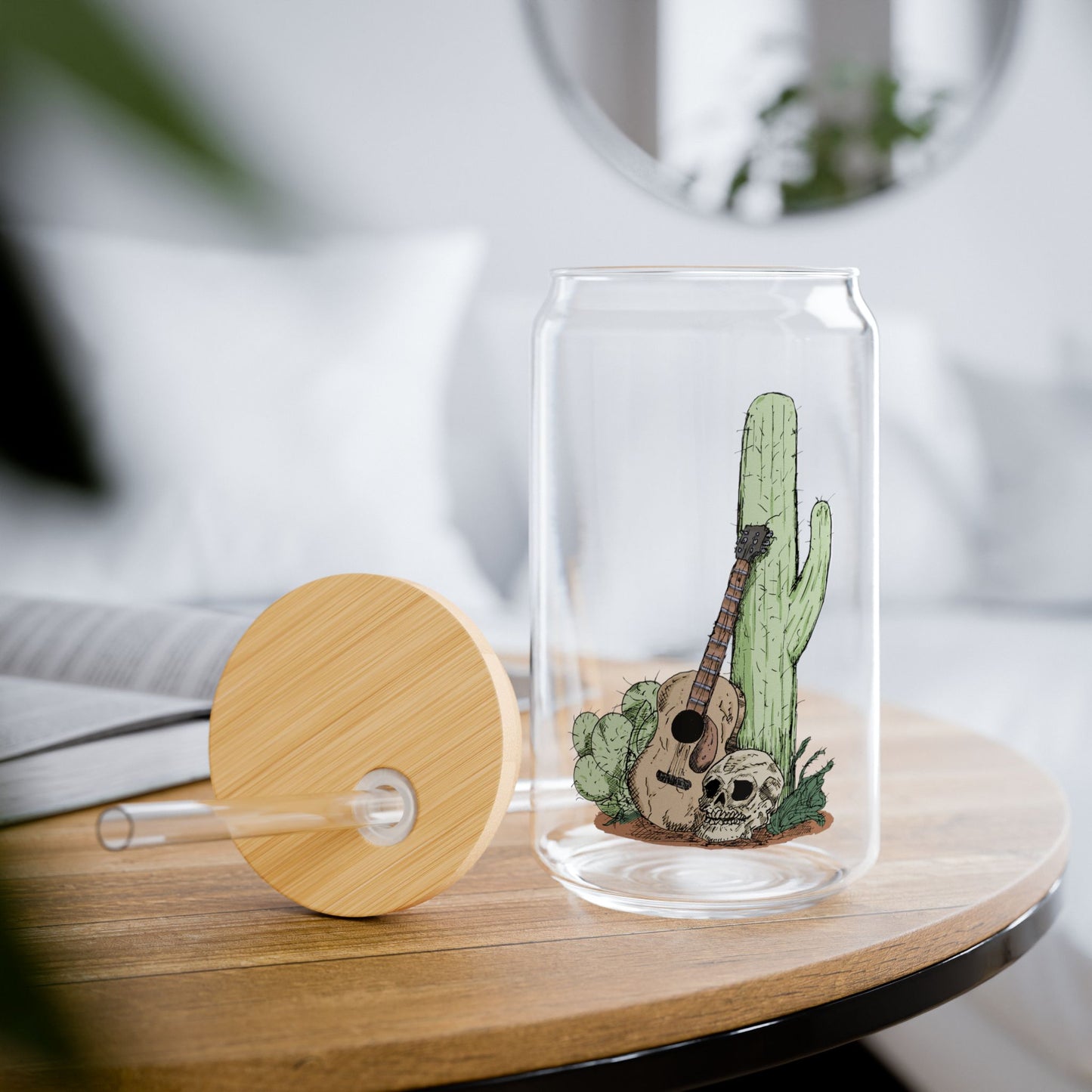 Cactus & Guitar Sipper Glass, 16oz | Eco-Friendly Drinkware, Summer Vibes, Unique Gift for Nature Lovers, Reusable Straw Included