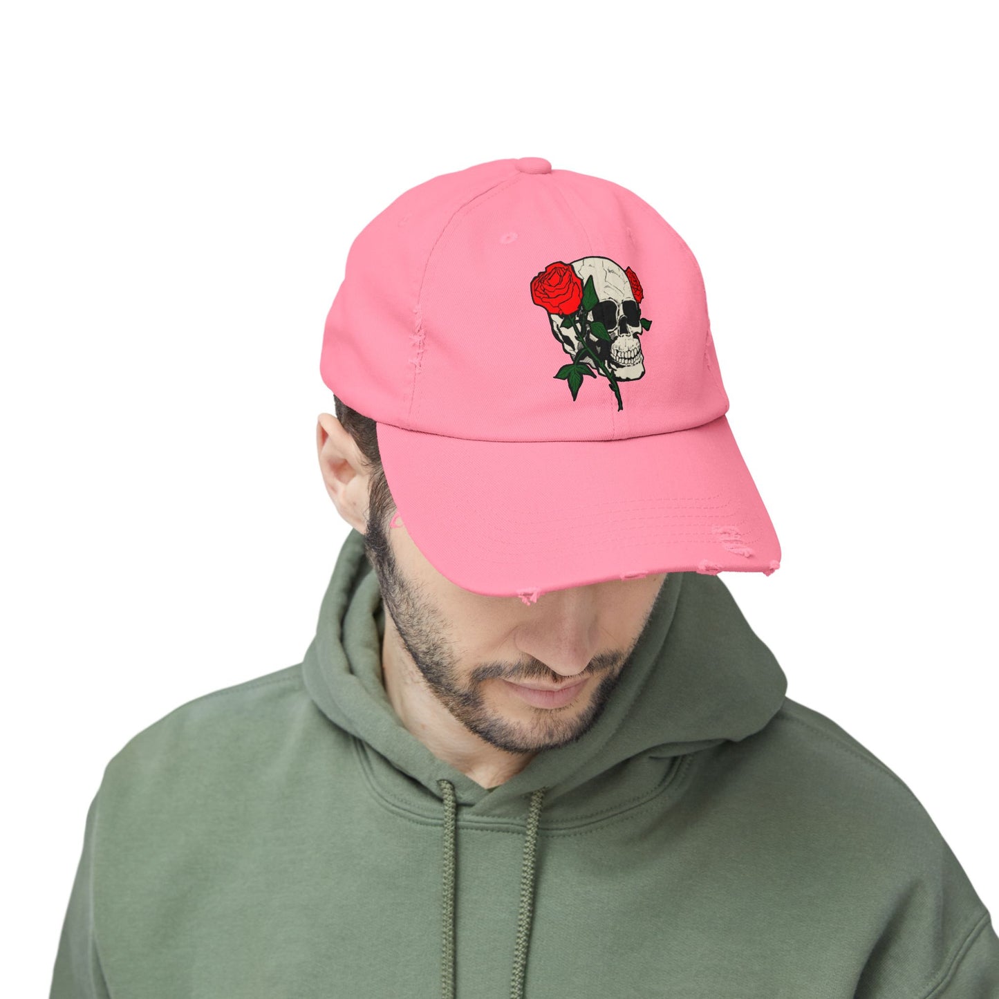 Skull and Roses Distressed Unisex Cap – Edgy Fashion Accessory for Music Lovers