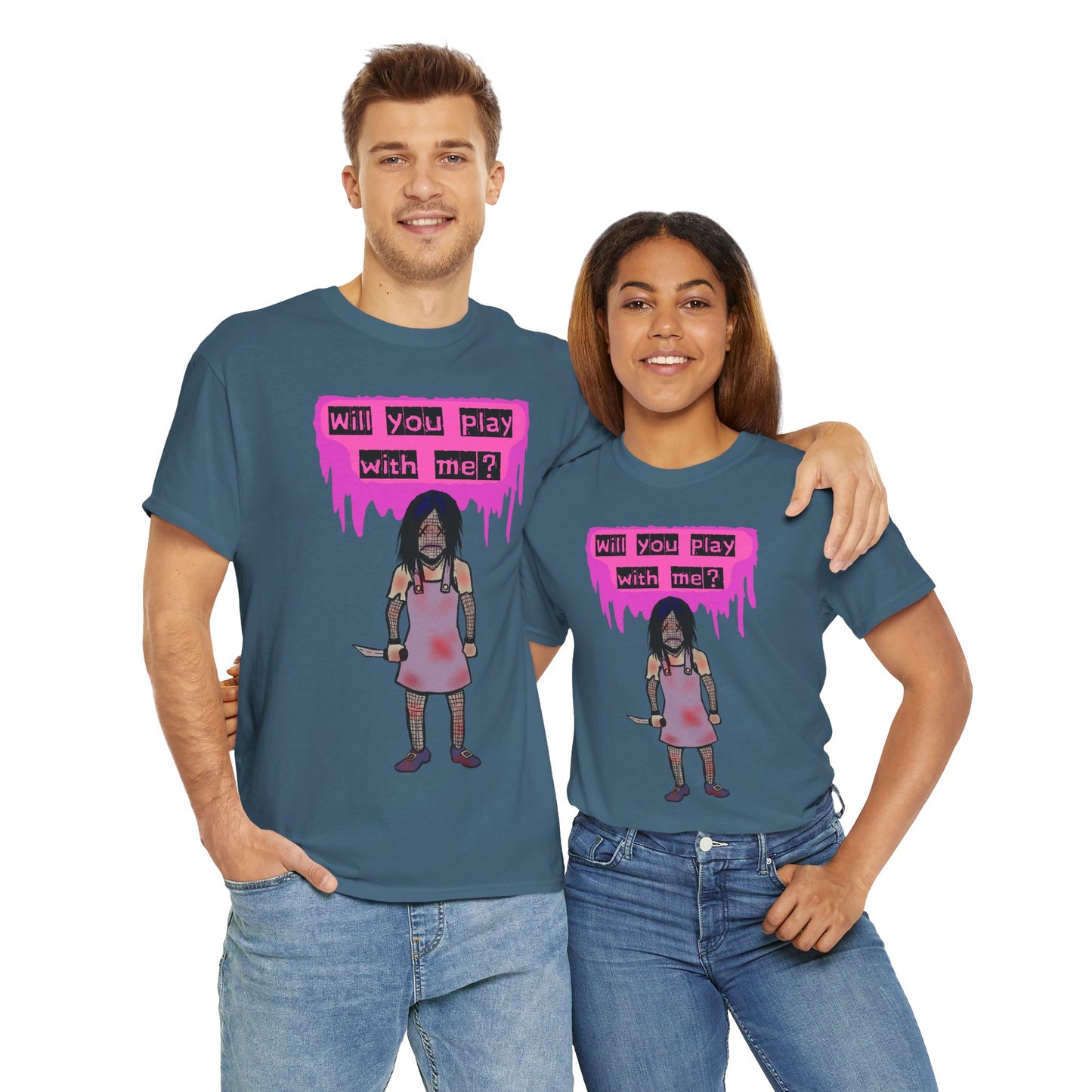 Playful Evil Doll Horror Graphic Tee, Unisex Heavy Cotton Shirt, Casual Wear, Unique Gift, Halloween Costume, Quirky Fashion