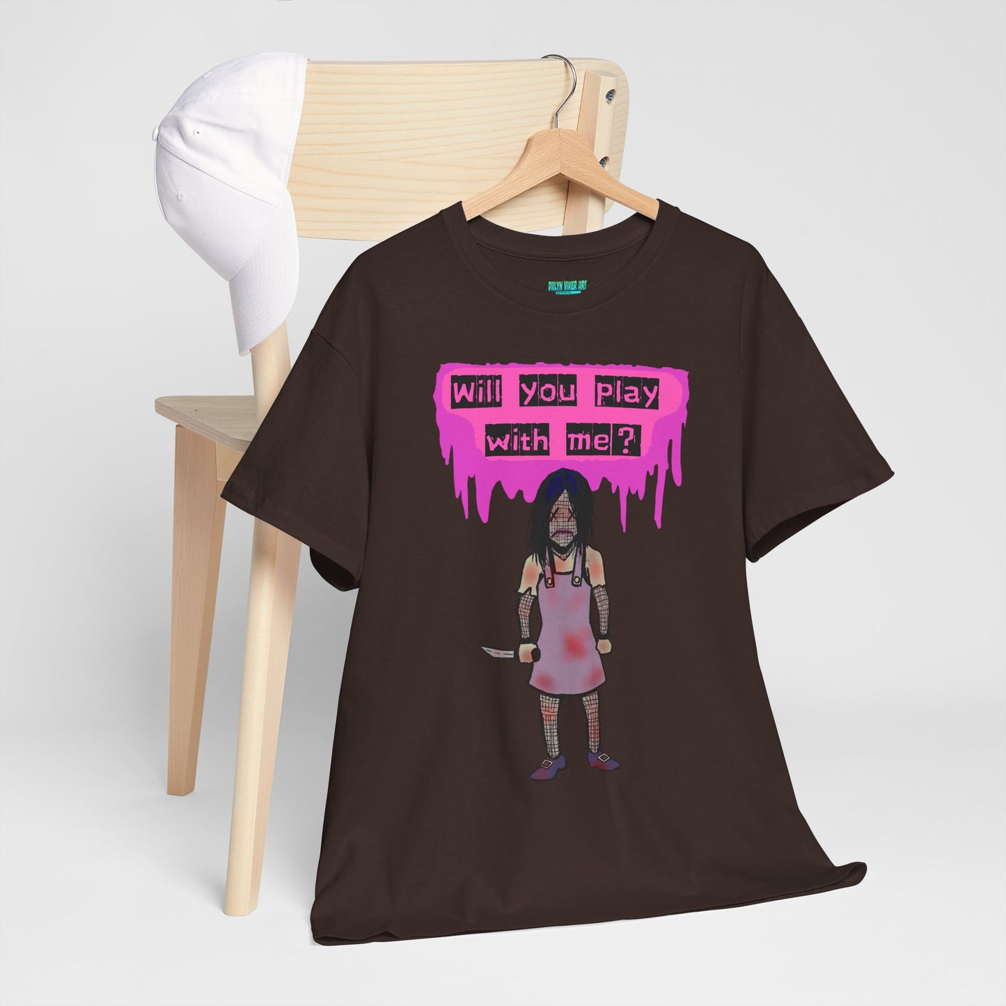 Playful Evil Doll Horror Graphic Tee, Unisex Heavy Cotton Shirt, Casual Wear, Unique Gift, Halloween Costume, Quirky Fashion