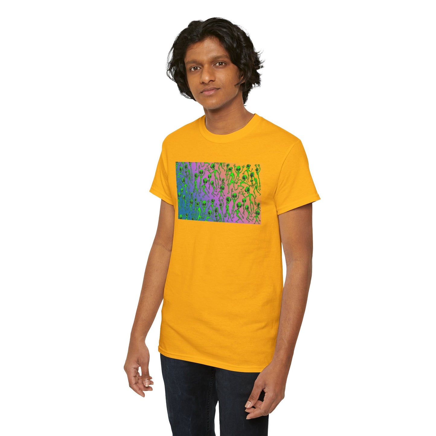 Alien Dance Party Gradient Tee — Colorful Psychedelic Green Aliens Art T-Shirt