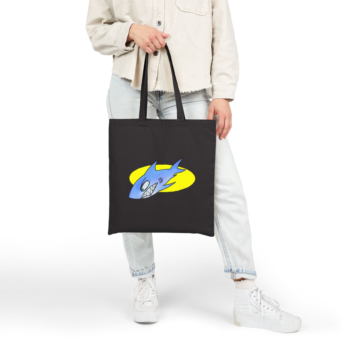 Shark Graphic Tote Bag – Retro Blue Shark Design on Natural Canvas