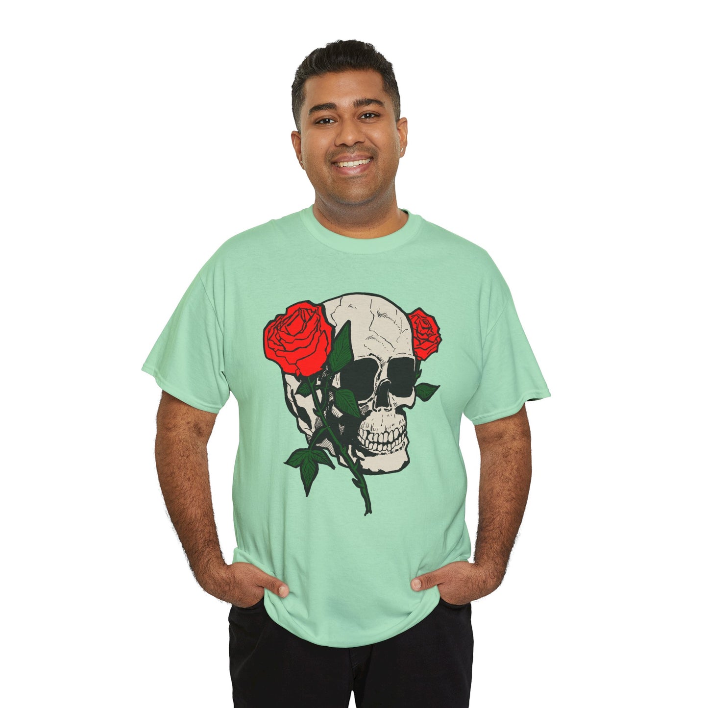 Skull & Roses Unisex Heavy Cotton Tee - Edgy Graphic T-Shirt for Casual Style