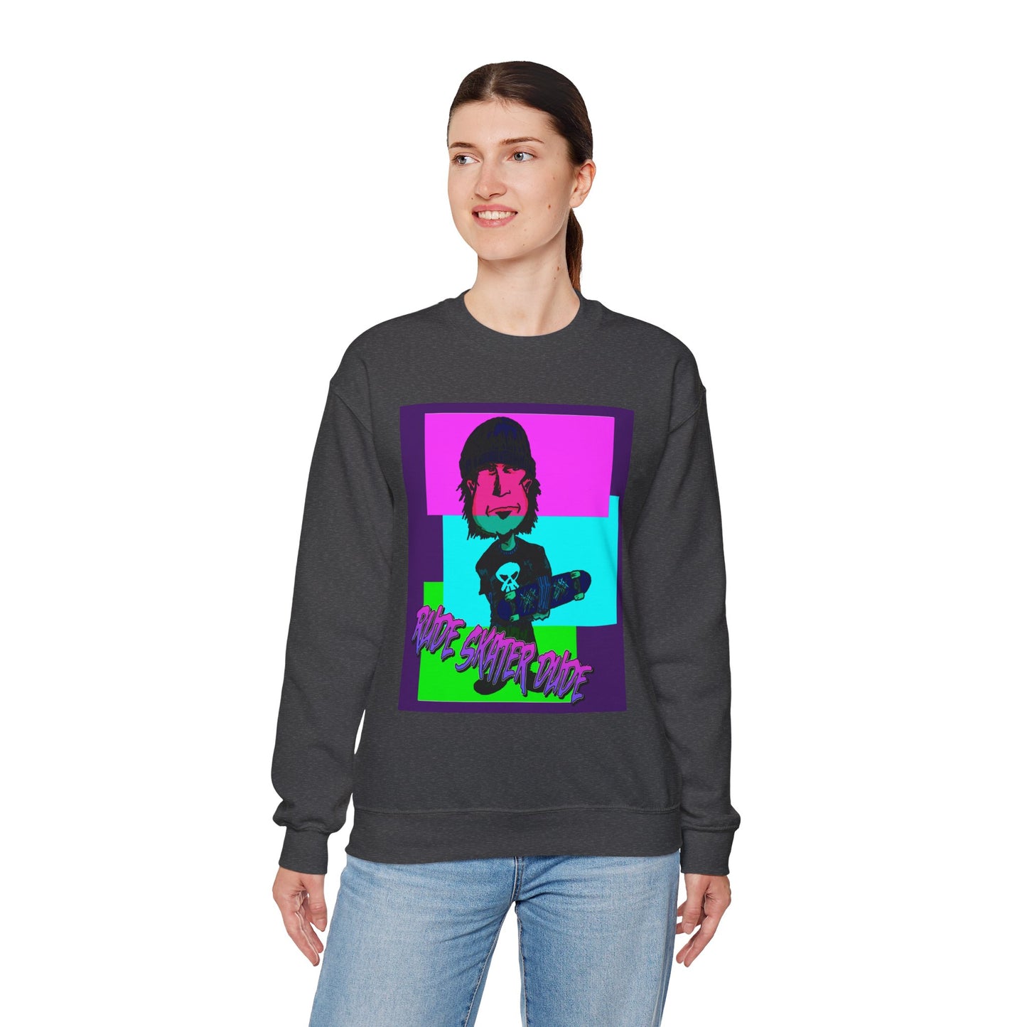 Crewneck Sweatshirt — Retro Neon Skate Punk "Rude Skater Dude" Graphic
