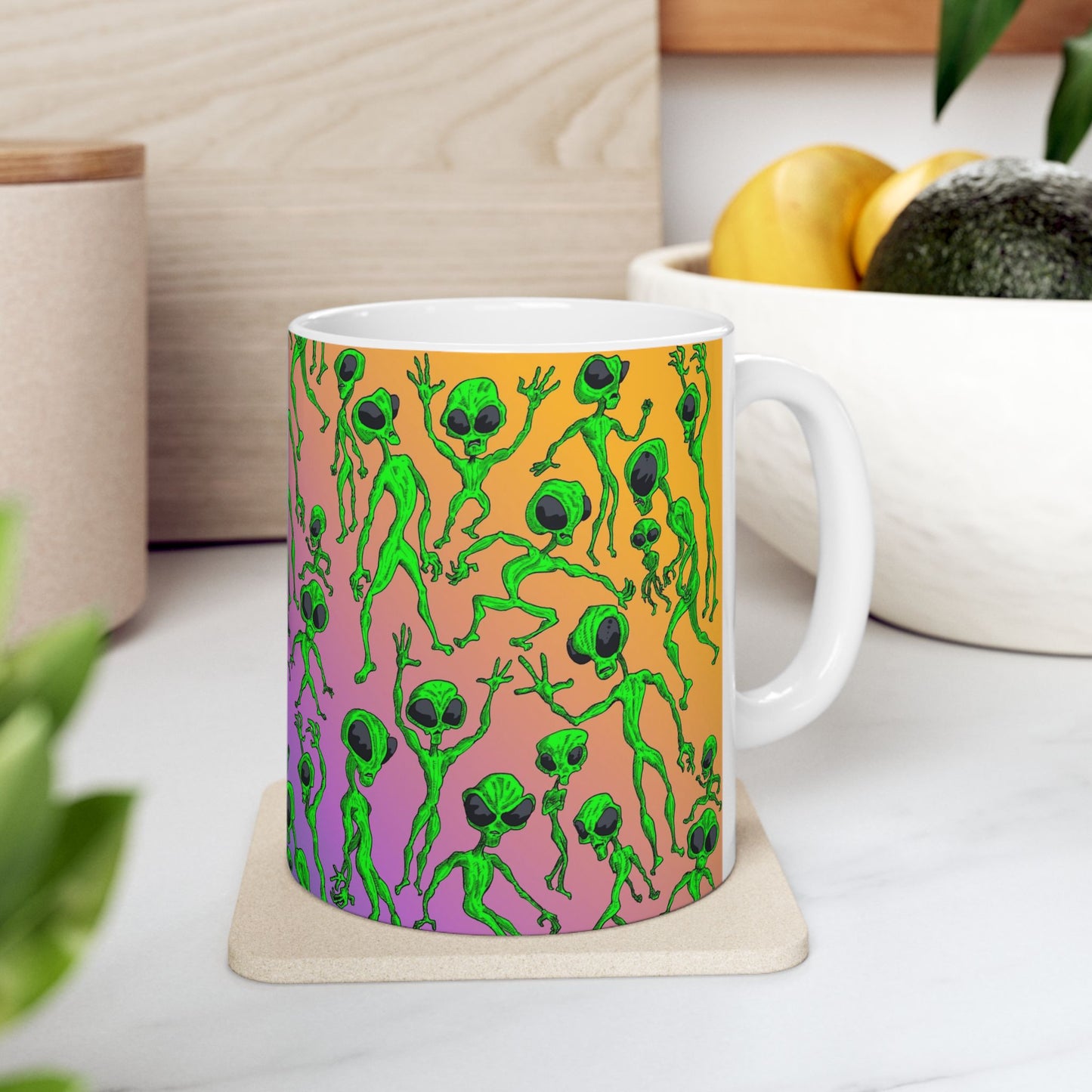 Alien Dance Party Ceramic Mug — Colorful Psychedelic Green Aliens (11oz & 15oz)