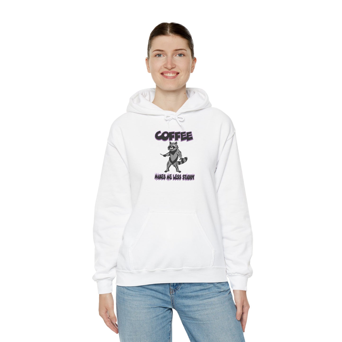 Coffee Makes Me Less Stabby Themed Unisex Hoodie with Fun Raccoon Design, Perfect for Coffee Lovers, Gift for Birthdays, Chill Days, Cozy Sweater