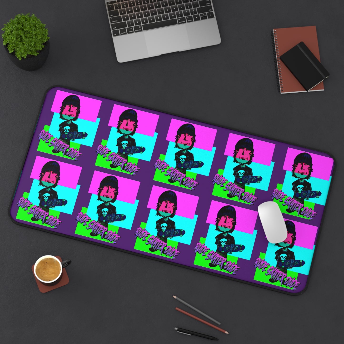 Rude Skater Dude - Pop Art Skateboarder Desk Mat — Retro Neon Repeating Skate Design