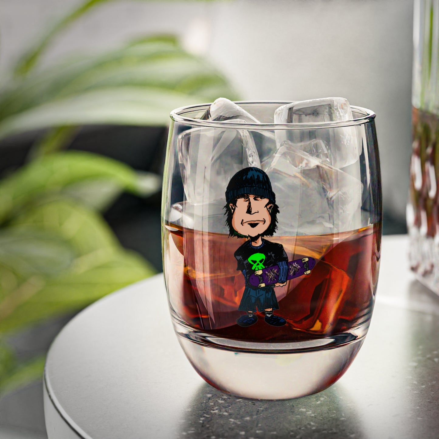 Rude Skater Dude - Skate Punk - Skateboarder Cartoon Whiskey Glass — Novelty Stemless Rocks Glass