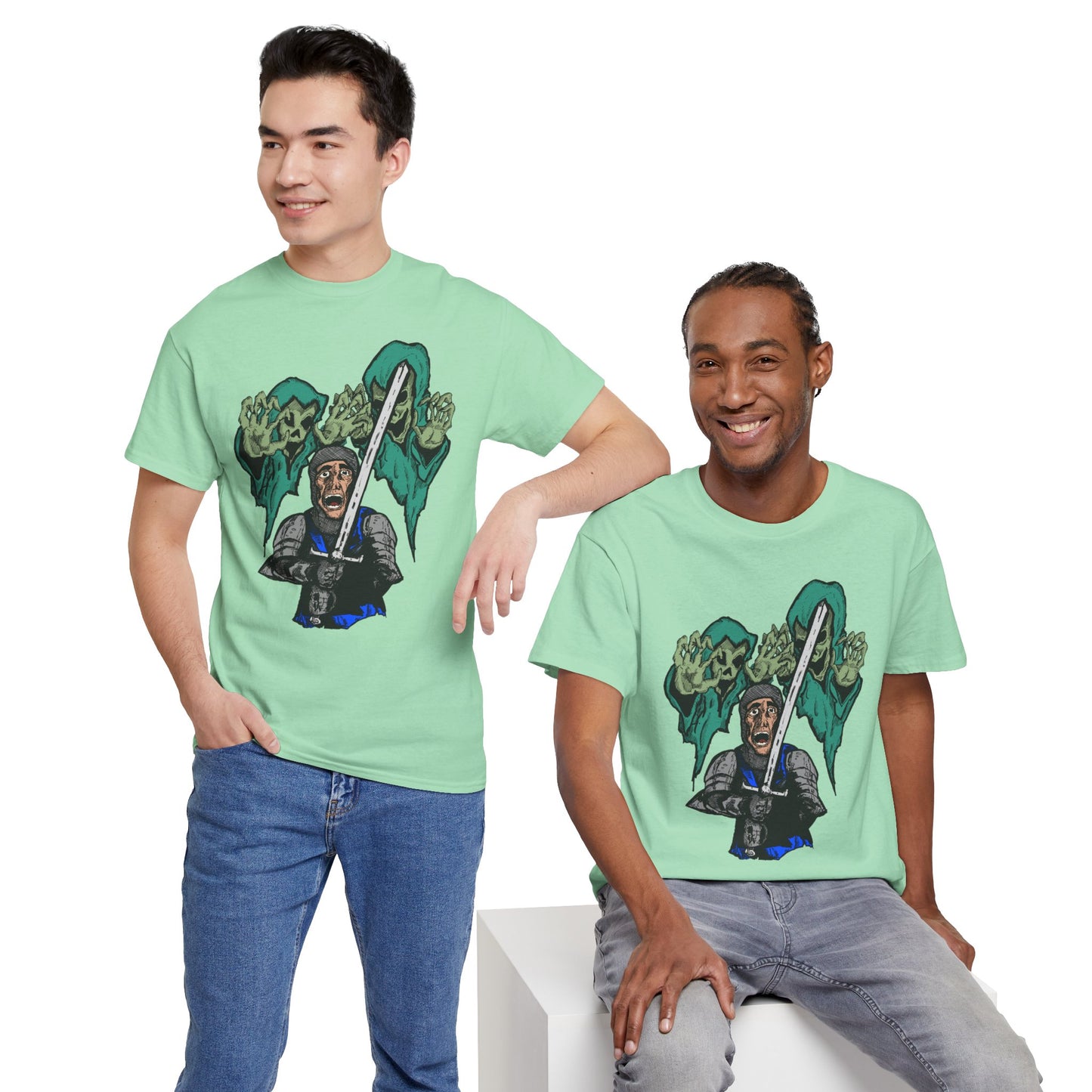 Unisex Heavy Cotton Tee - Knight with Sword Graphic - Casual Streetwear