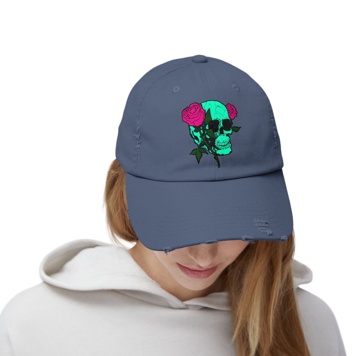 Trendy Distressed Skull Cap with Roses