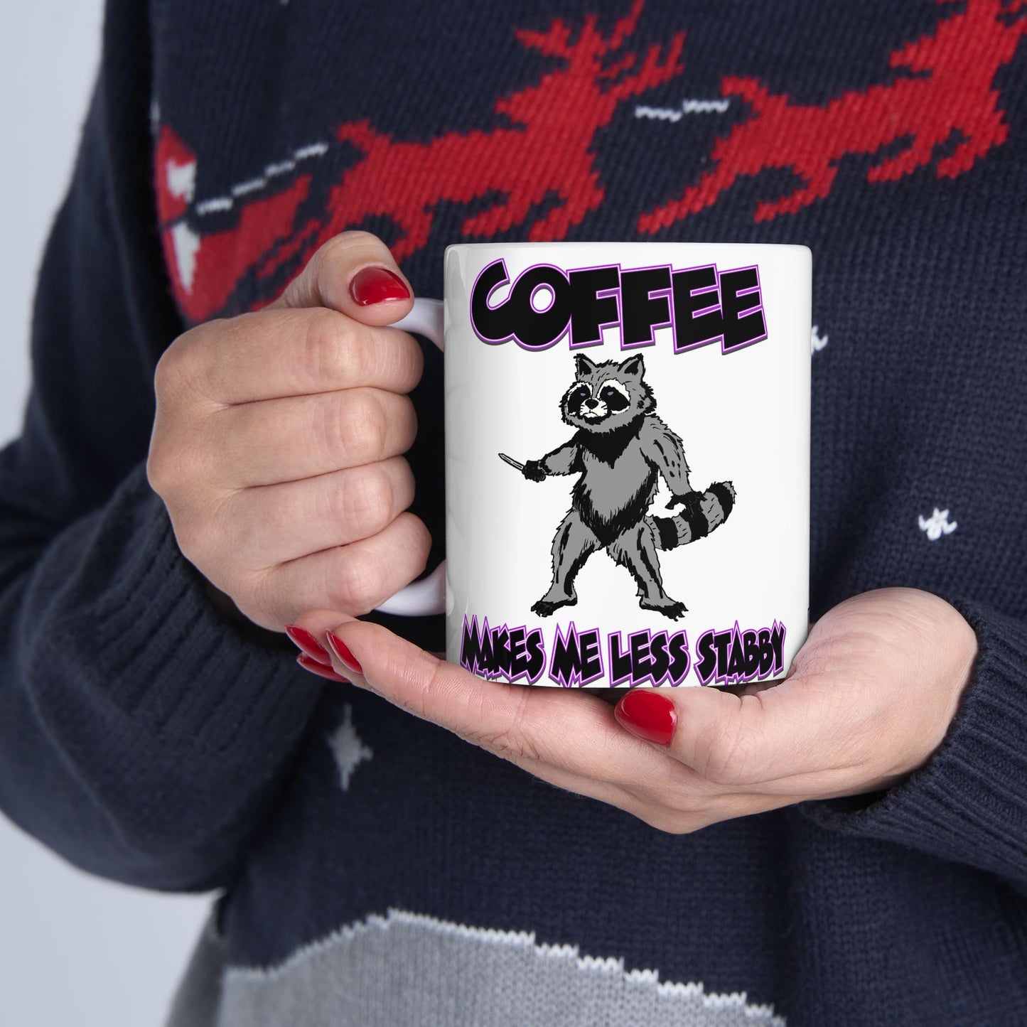 Funny Ceramic Mug - 'Coffee Makes Me Less Stabby' with Playful Racoon Design