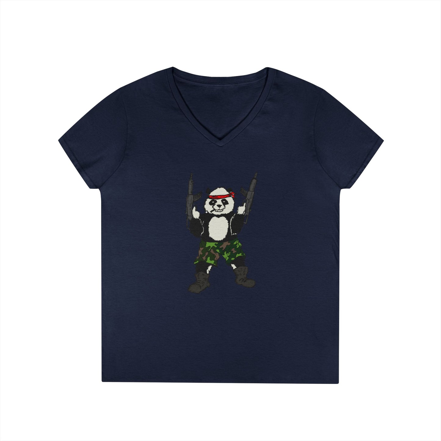 Ladies' V-Neck T-Shirt - Cool Panda with Guns Graphic Tee