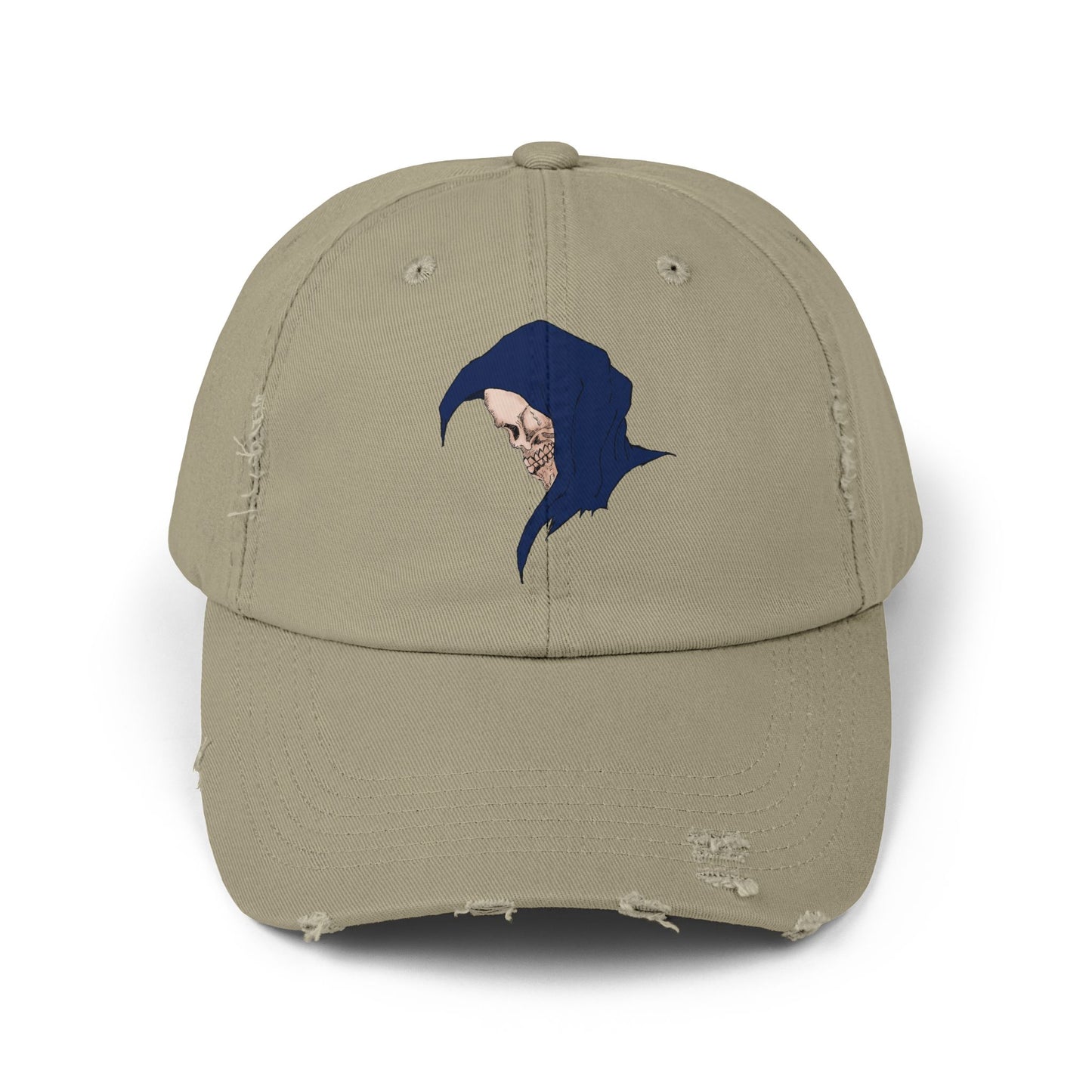 Distressed Cap with Grim Reaper Design