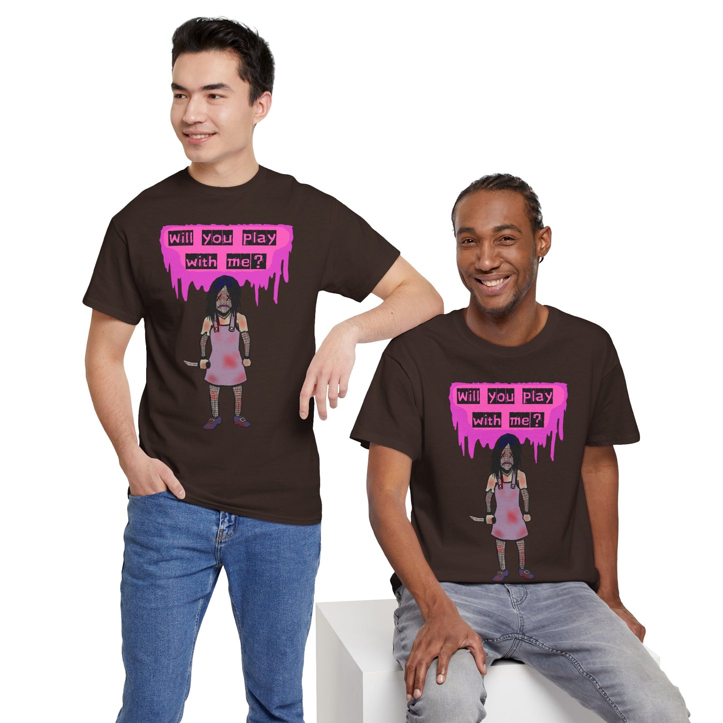 Playful Evil Doll Horror Graphic Tee, Unisex Heavy Cotton Shirt, Casual Wear, Unique Gift, Halloween Costume, Quirky Fashion