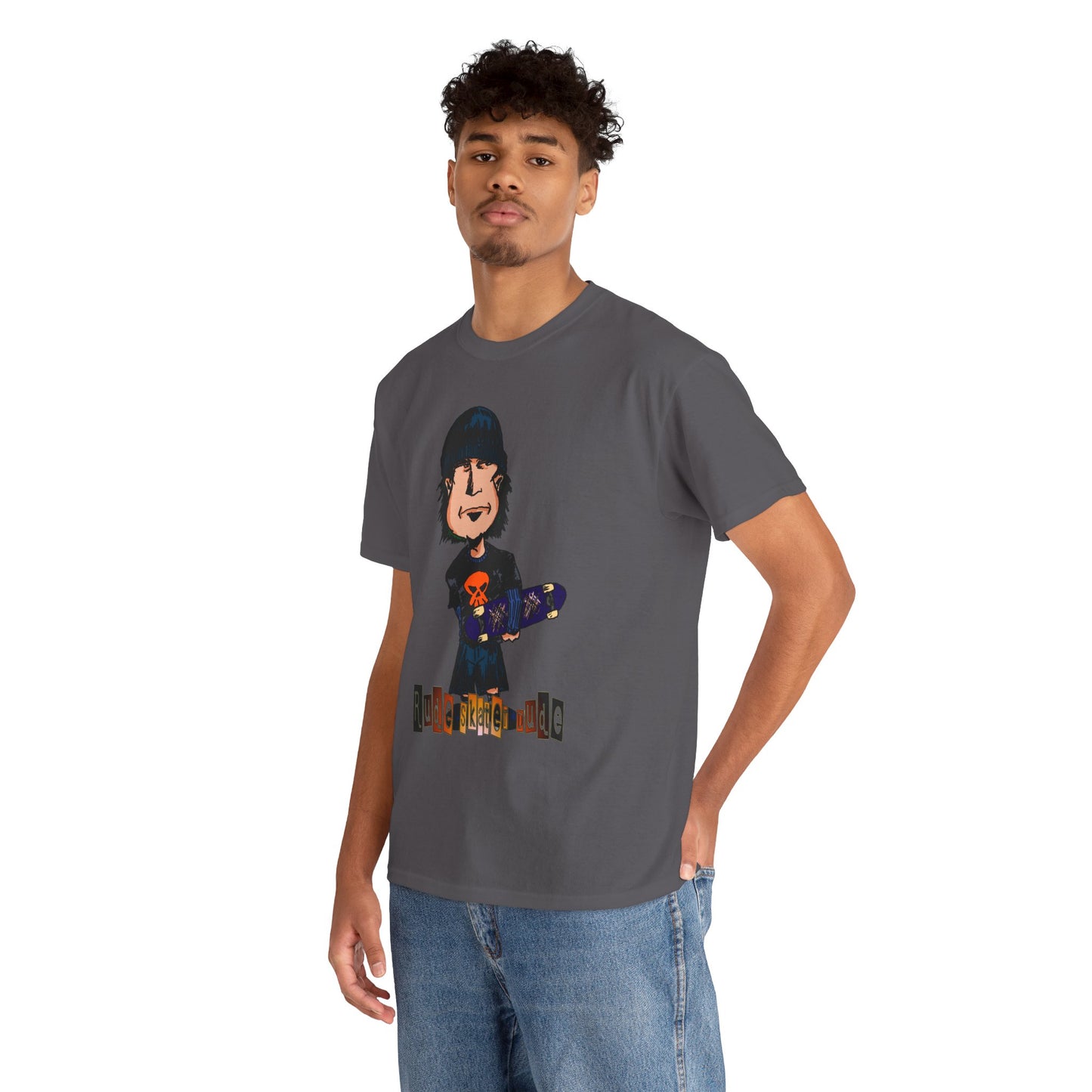 Rude Skater Dude Cartoon Skate Punk T-Shirt — Skateboarding Tee with Skull Design