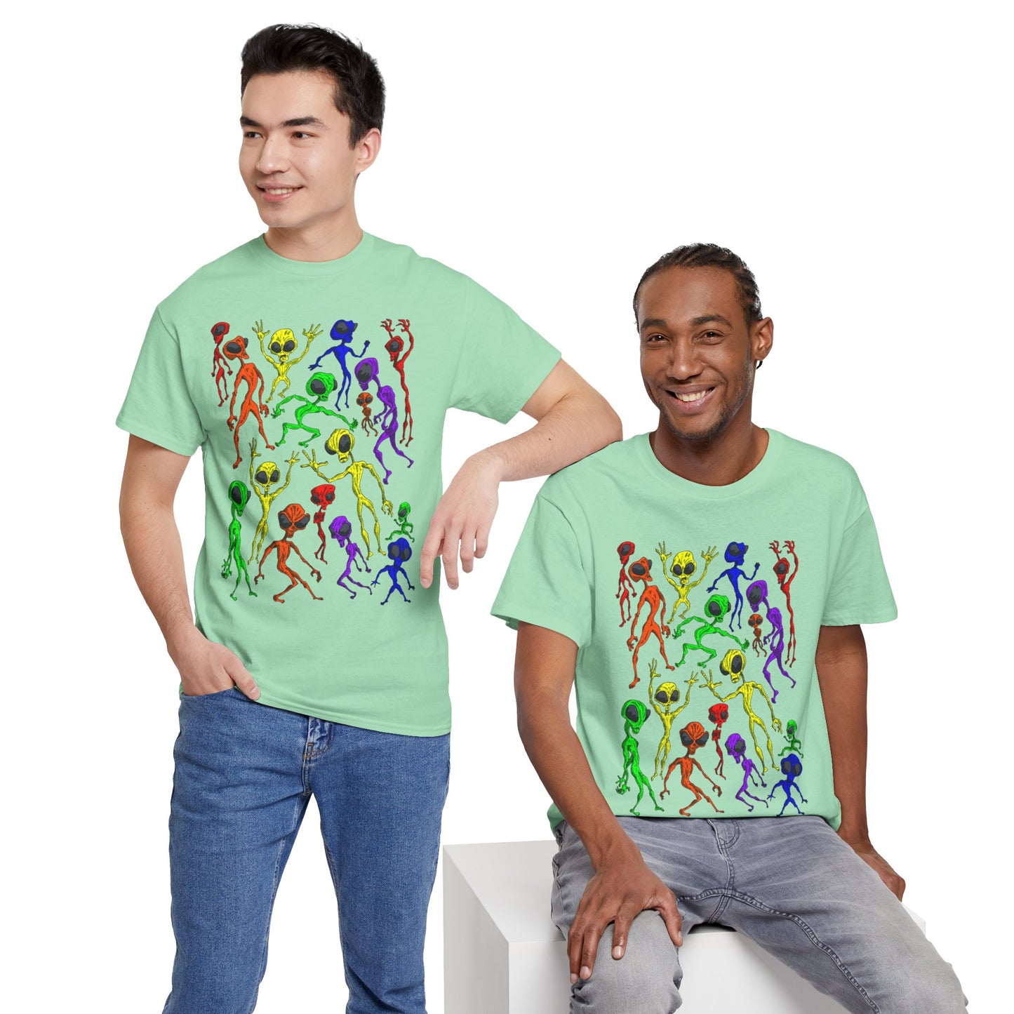 Rainbow Alien Dance Party Unisex Tee - Cosmic Sci-Fi Shirt