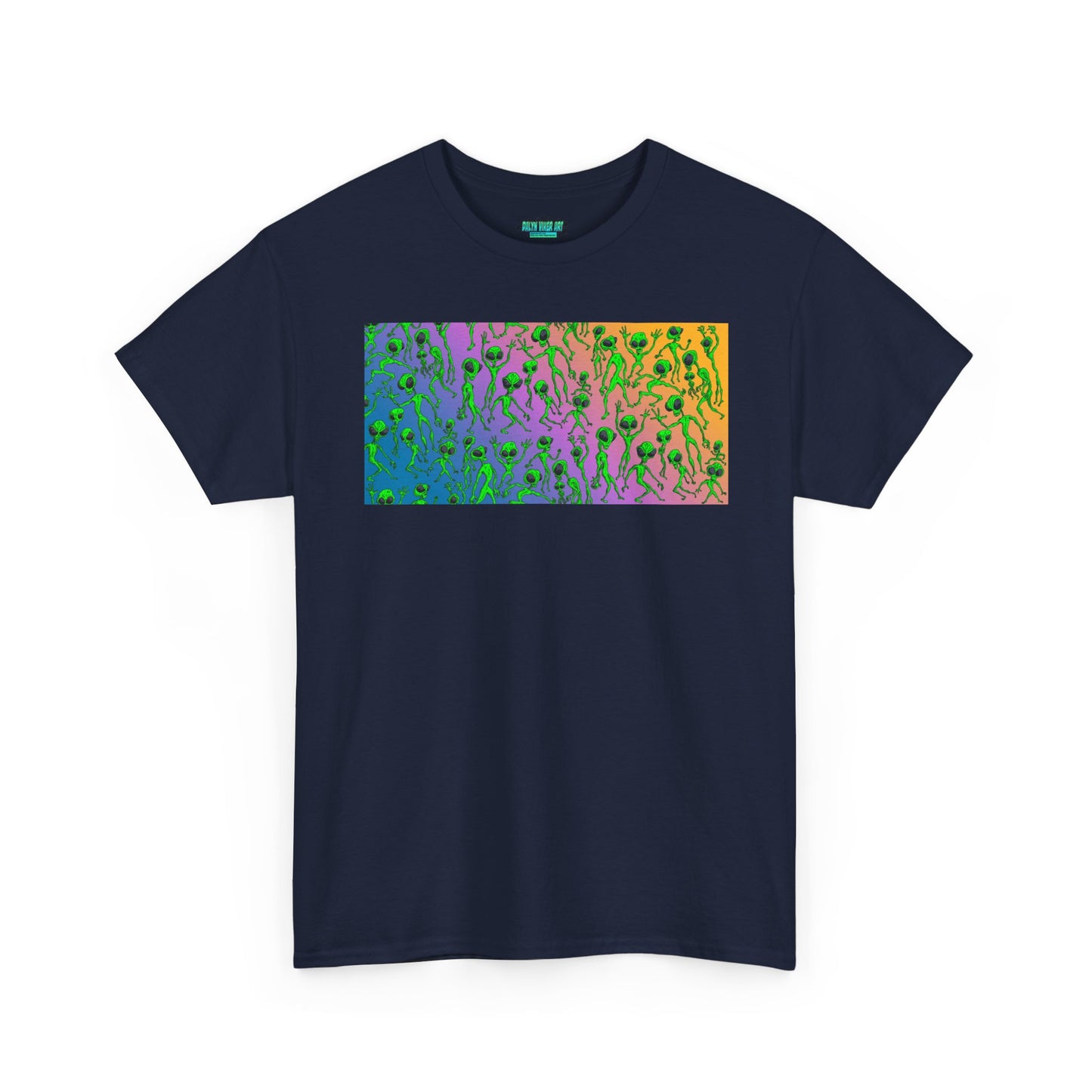 Alien Dance Party Gradient Tee — Colorful Psychedelic Green Aliens Art T-Shirt