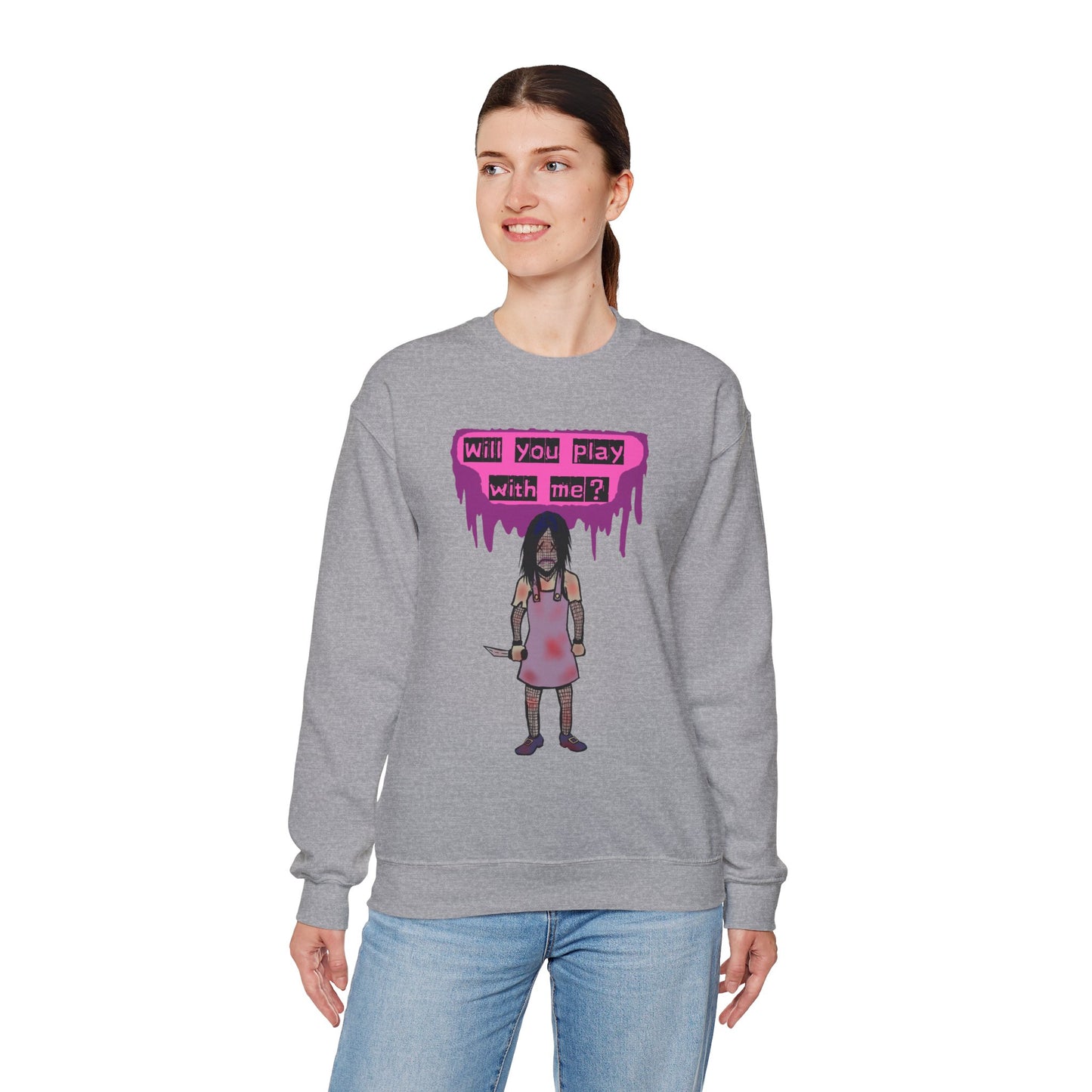 Evil Doll GHOSTLY VINTAGE UNISEX CREWNECK SWEATSHIRT - "Will You Play With Me?"