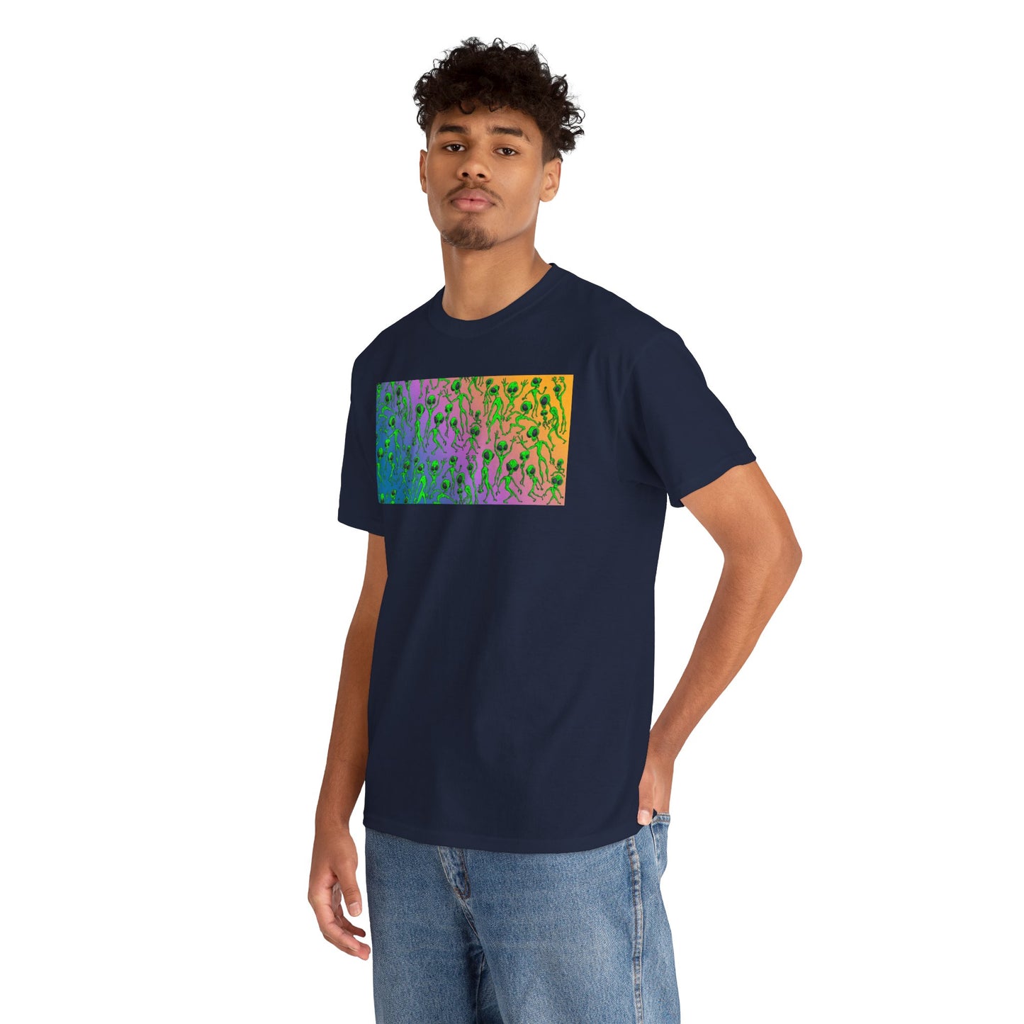 Alien Dance Party Gradient Tee — Colorful Psychedelic Green Aliens Art T-Shirt