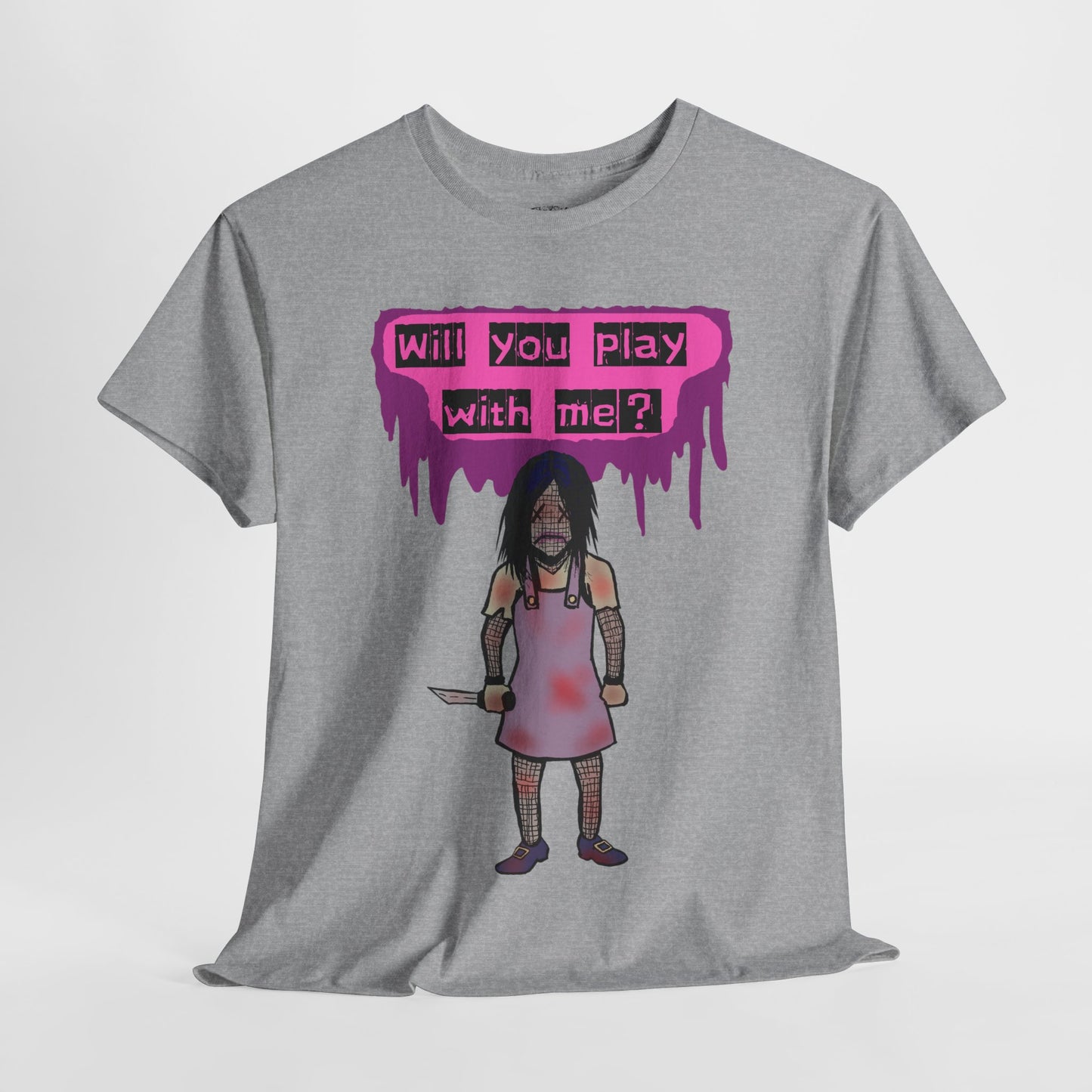 Chilling Evil Doll Horror Tee, Horror T-Shirt, Grey Tee, Unique Graphic Tee, Unisex Tee, Playful Scary Top, Halloween Shirt
