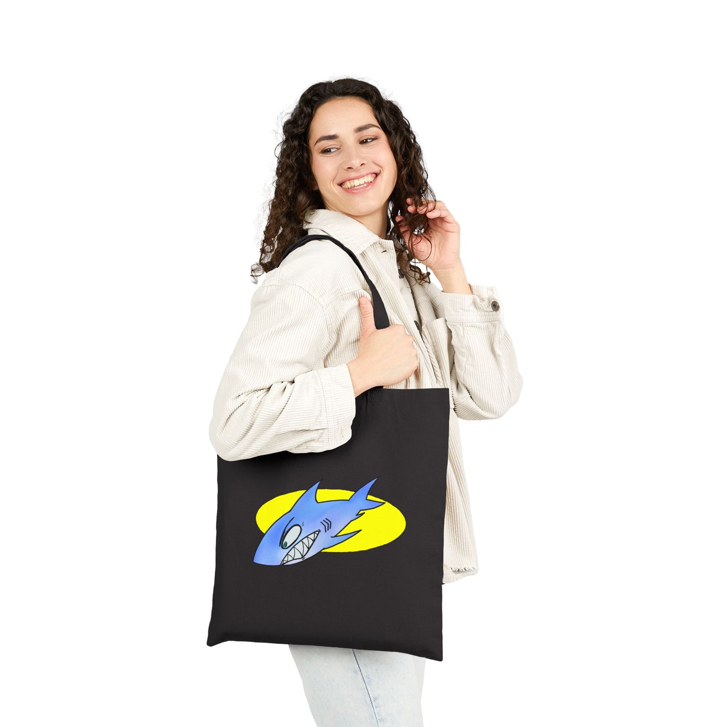 Shark Graphic Tote Bag – Retro Blue Shark Design on Natural Canvas