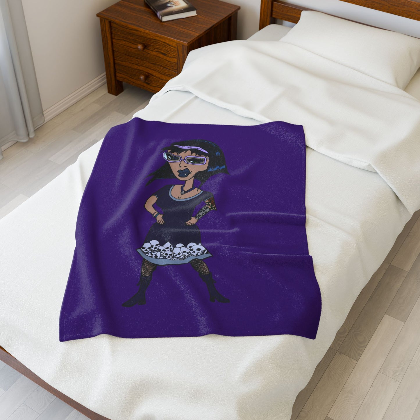 Goth Girl Velveteen Plush Blanket – Purple Skull Hem Cozy Throw