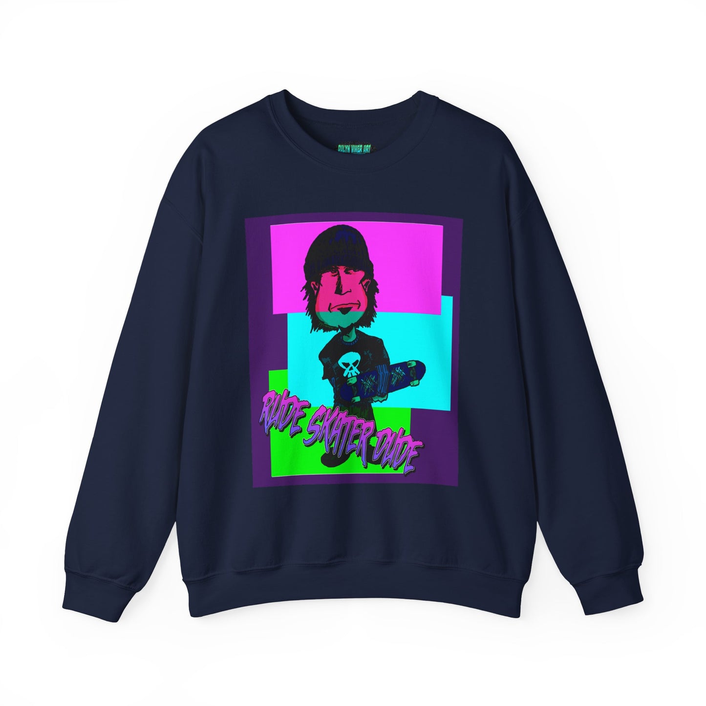 Crewneck Sweatshirt — Retro Neon Skate Punk "Rude Skater Dude" Graphic