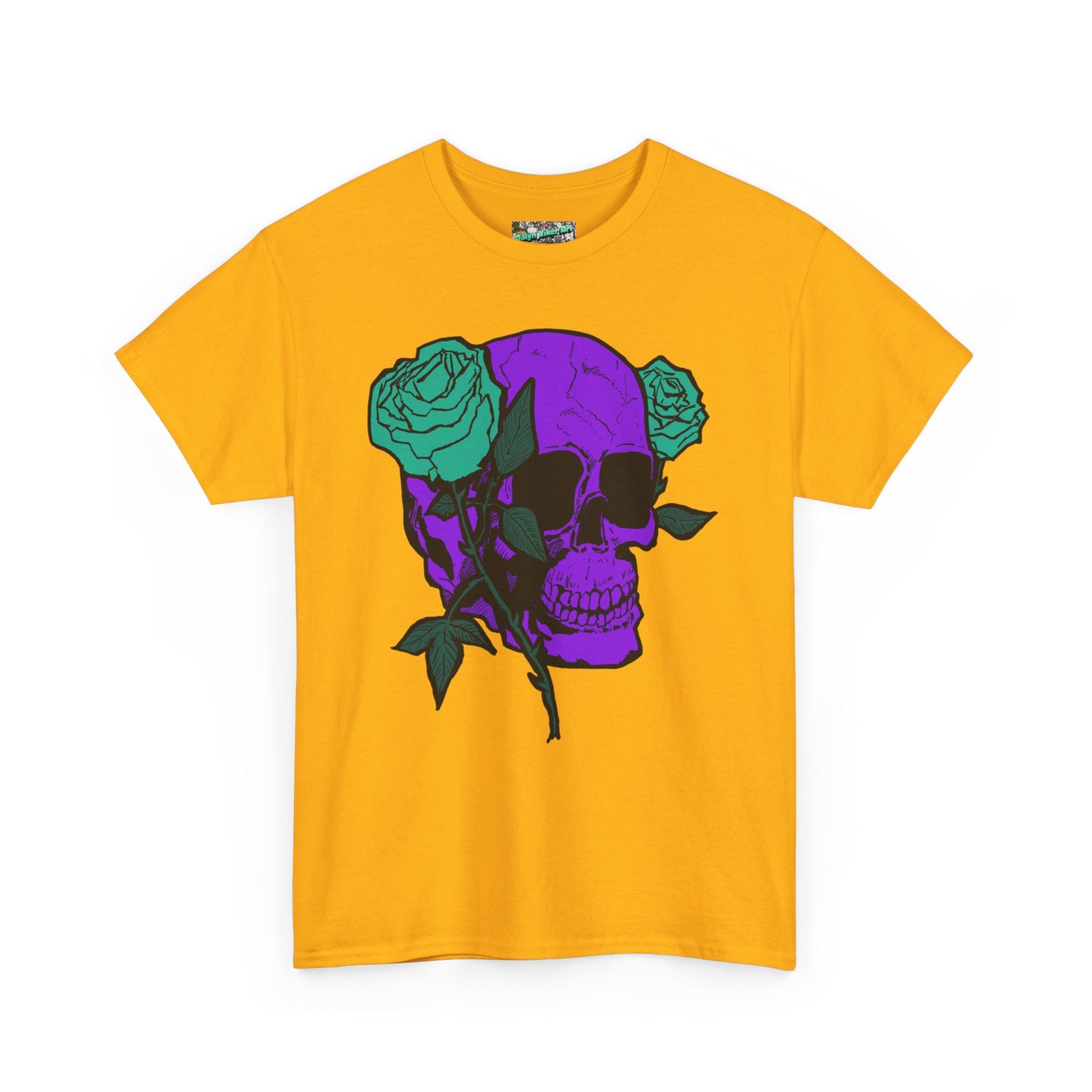 Skull & Rose Tee — Purple Skull with Turquoise Roses Graphic T-Shirt