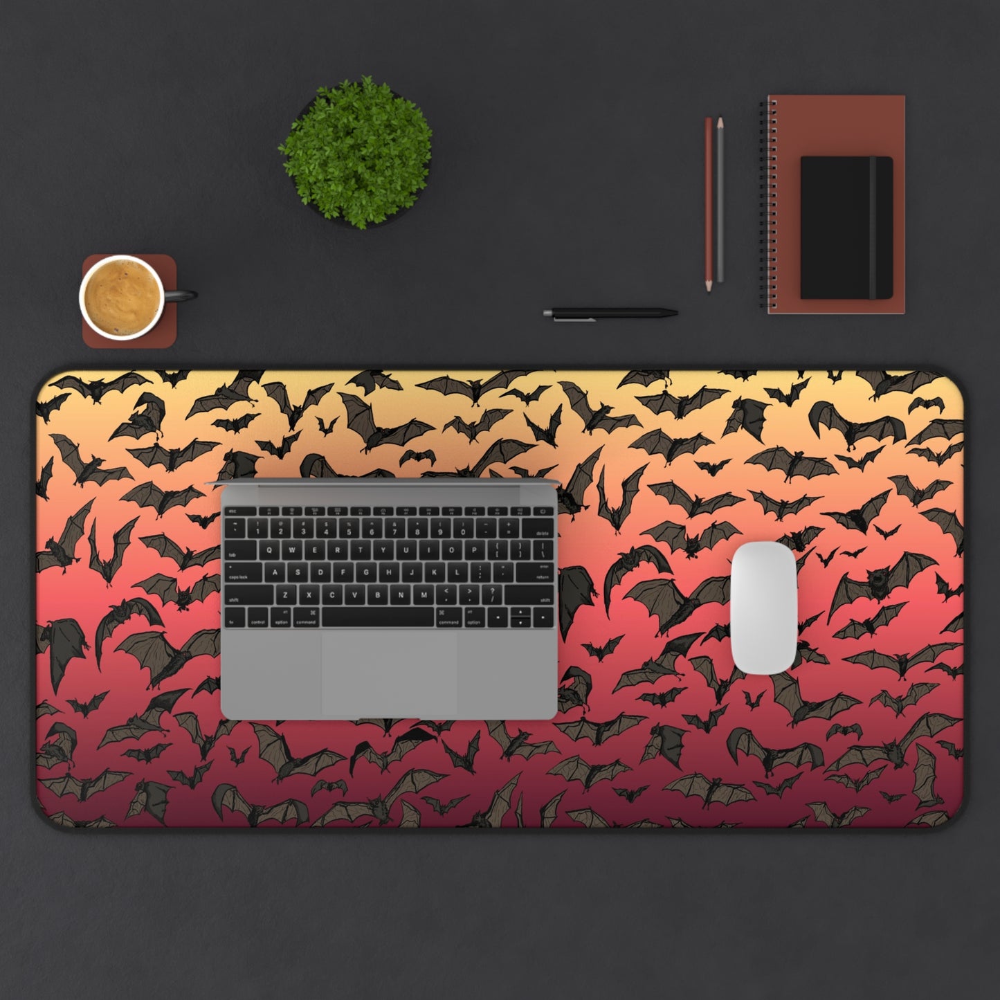 Bat Swarm Dusk Desk Mat — Orange to Red Gradient Mouse Pad