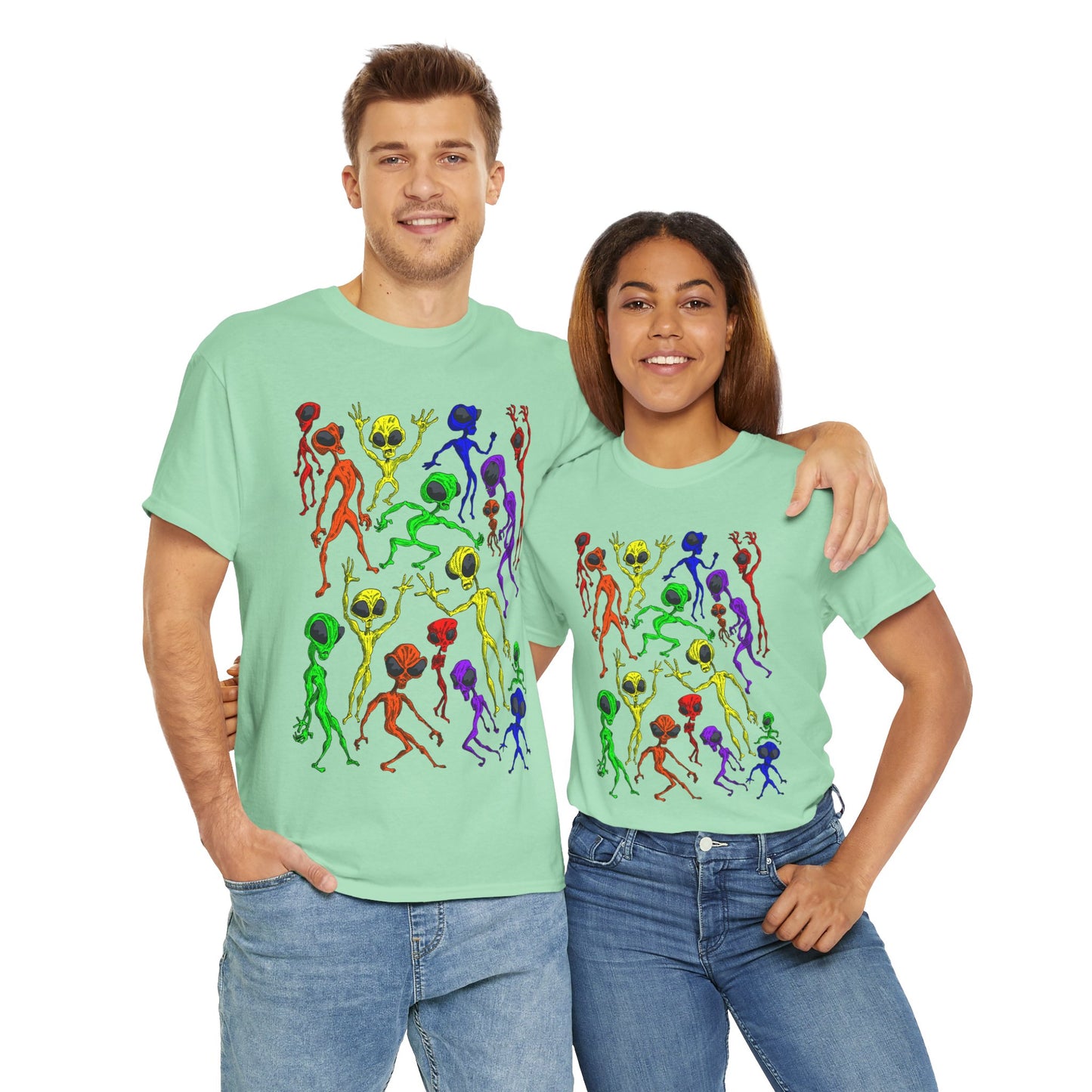 Rainbow Alien Dance Party Unisex Tee - Cosmic Sci-Fi Shirt