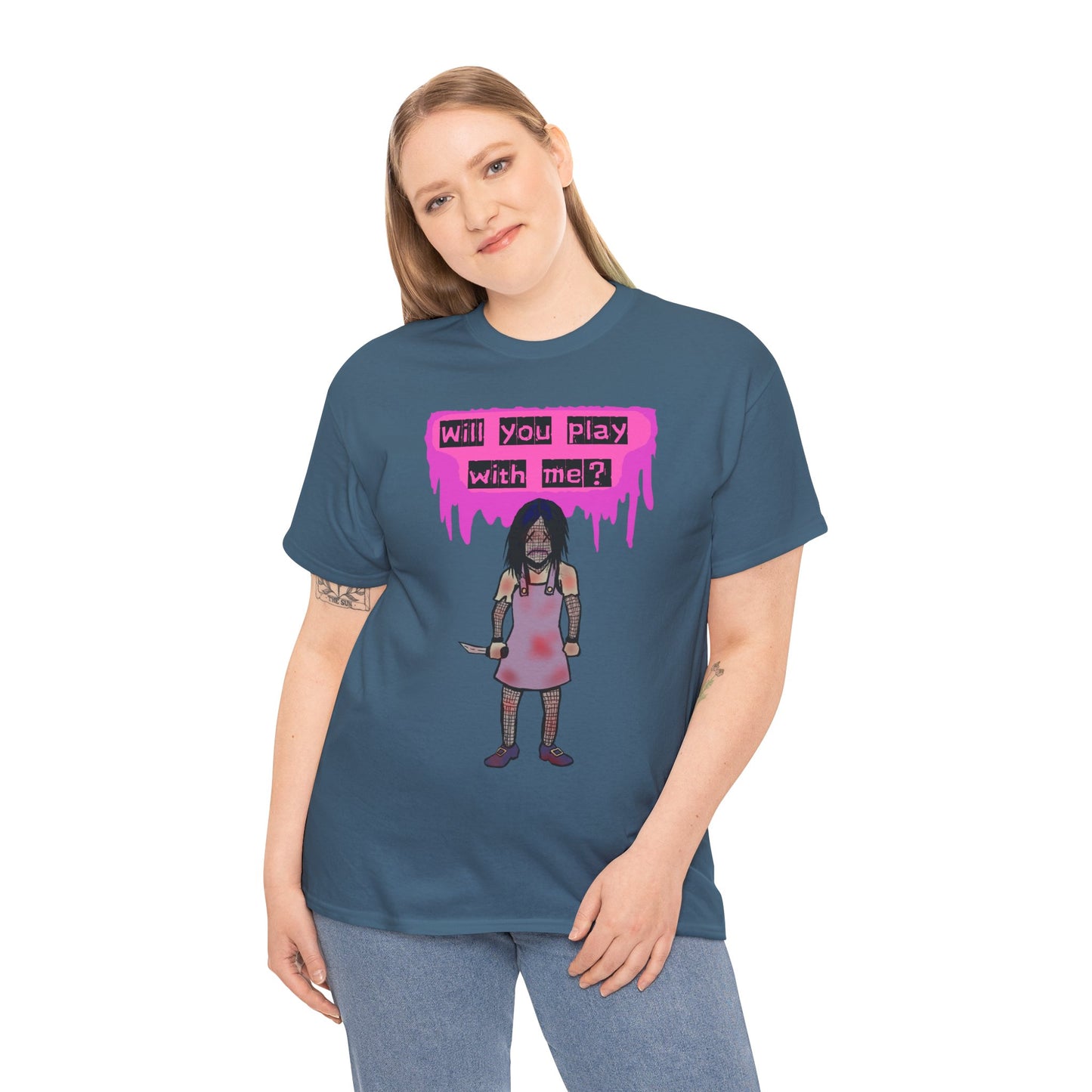 Playful Evil Doll Horror Graphic Tee, Unisex Heavy Cotton Shirt, Casual Wear, Unique Gift, Halloween Costume, Quirky Fashion