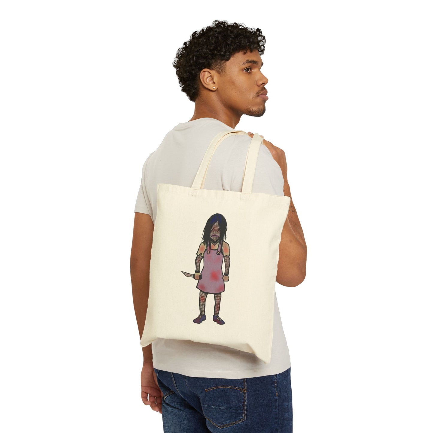 Tote Bag — Cute Grimy Creepy Girl Illustration Canvas Tote (quirky horror, everyday reusable bag)