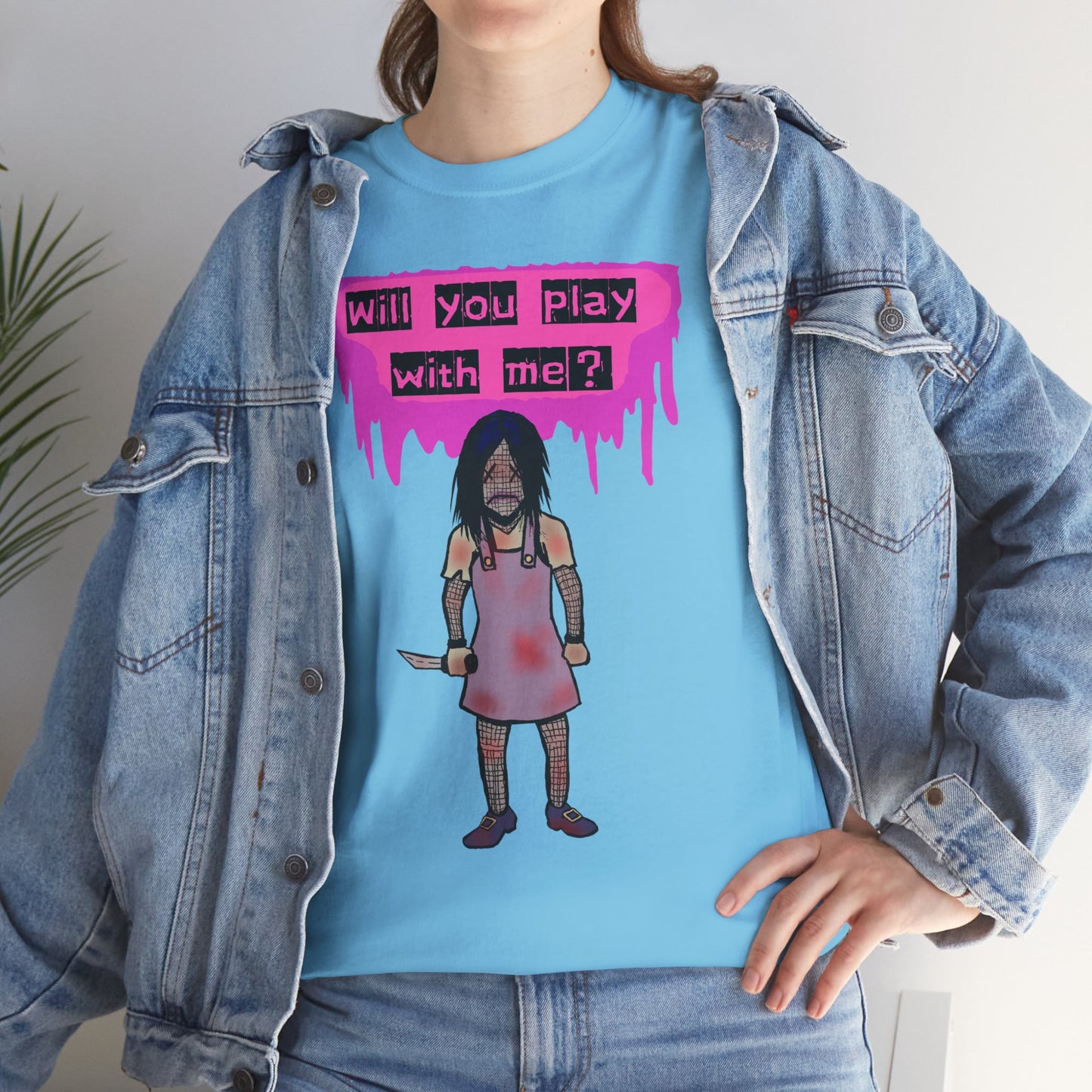 Playful Evil Doll Horror Graphic Tee, Unisex Heavy Cotton Shirt, Casual Wear, Unique Gift, Halloween Costume, Quirky Fashion