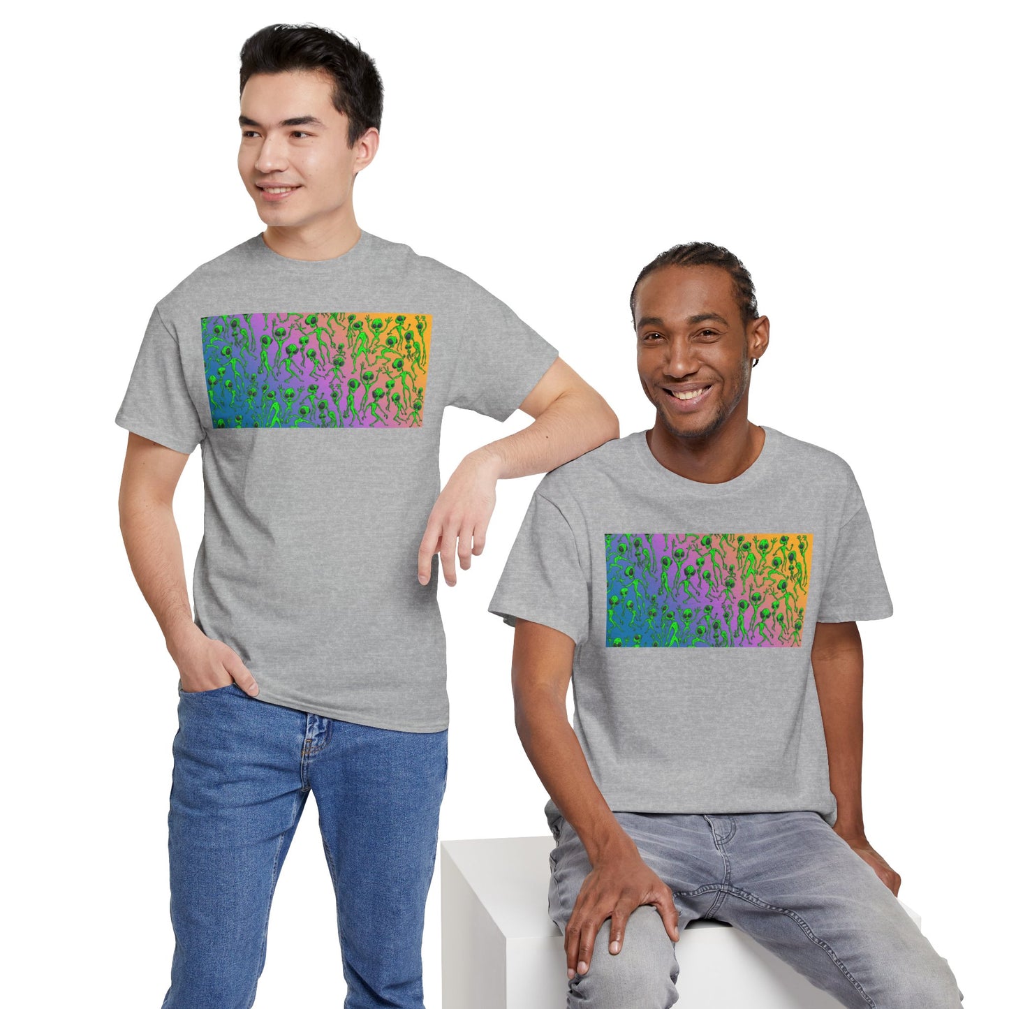 Alien Dance Party Gradient Tee — Colorful Psychedelic Green Aliens Art T-Shirt