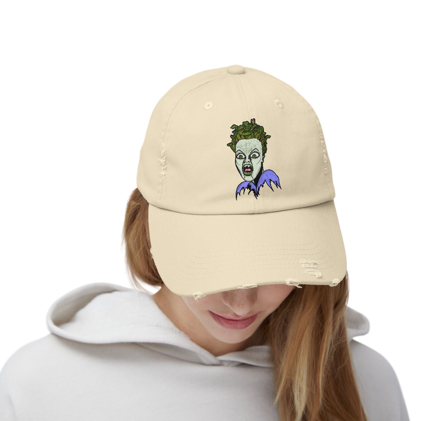 Medusa Unisex Distressed Cap with Eerie Design, Casual Hat, Halloween Accessory, Statement Cap, Gift for Horror Fans, Trendy Distressed Hat