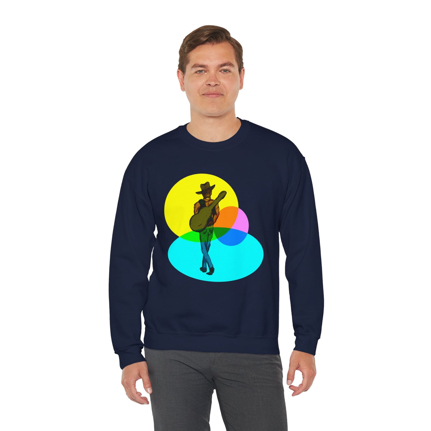 Cowboy Guitarist Graphic Sweatshirt — Retro Color Spot Music Pullover