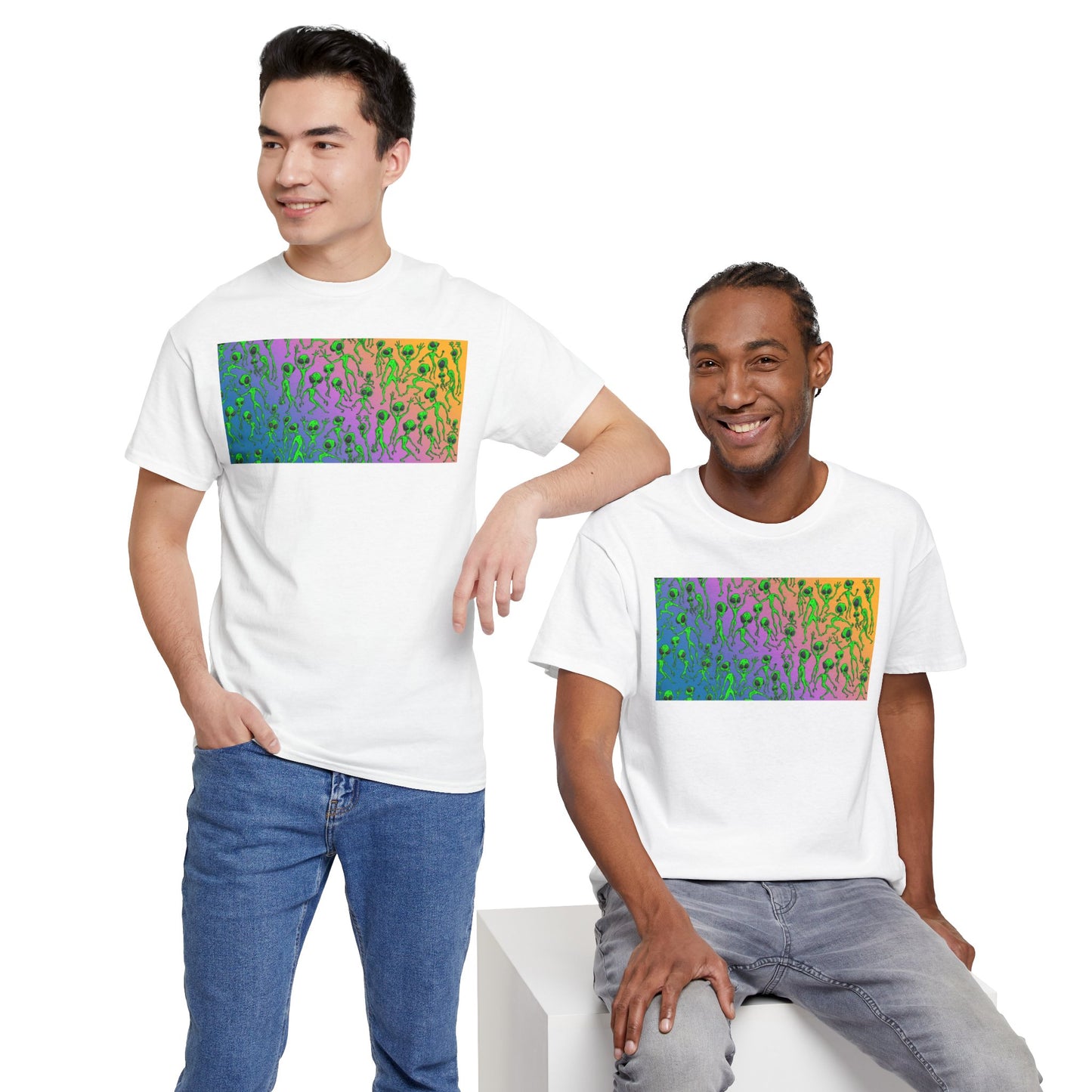 Alien Dance Party Gradient Tee — Colorful Psychedelic Green Aliens Art T-Shirt